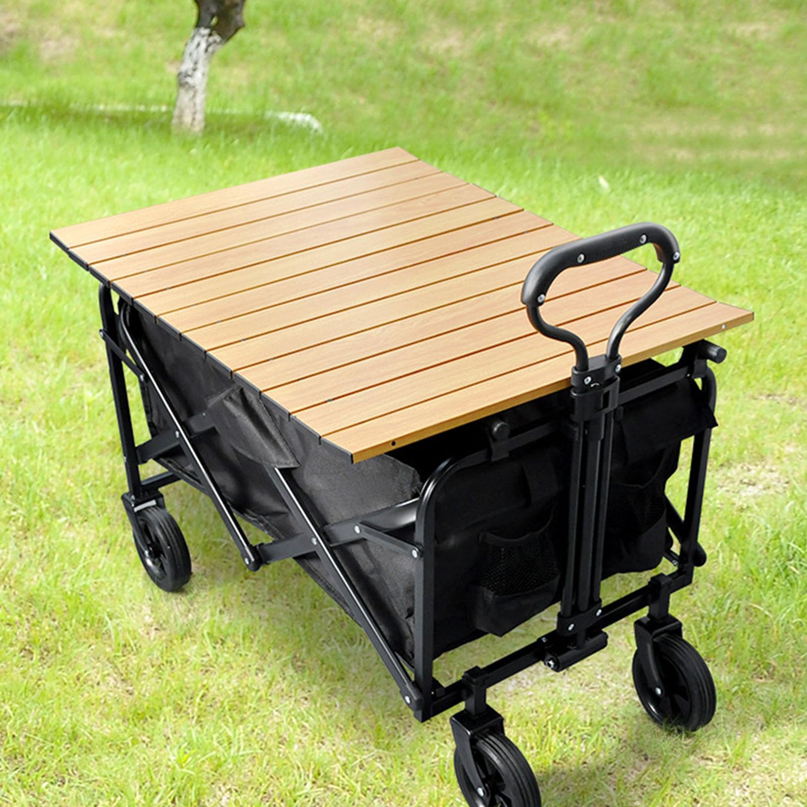 Carrello da giardino pieghevole per tutti i terreni, con ruote in gomma, trasporto di generi alimentari, carrello universale da campeggio con pannelli pieghevoli e tavola da tavolo per sport e
