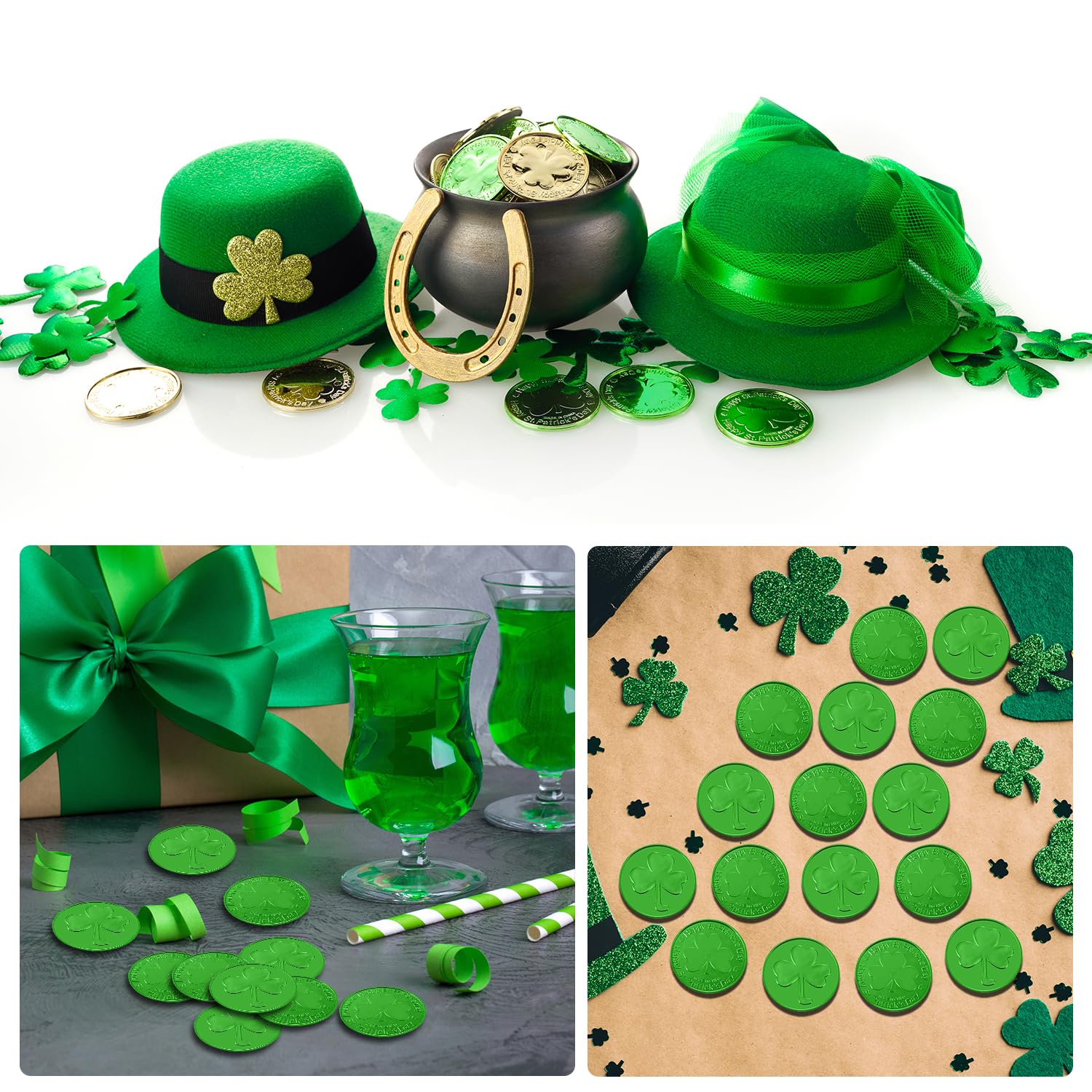 Lezevn 48pcs St. Patrick's Day Coins Green Plastic Shamrock Tokens Lucky Leprechaun Coins for Irish Party Supplies St. Patrick's Day Decor - Image 4