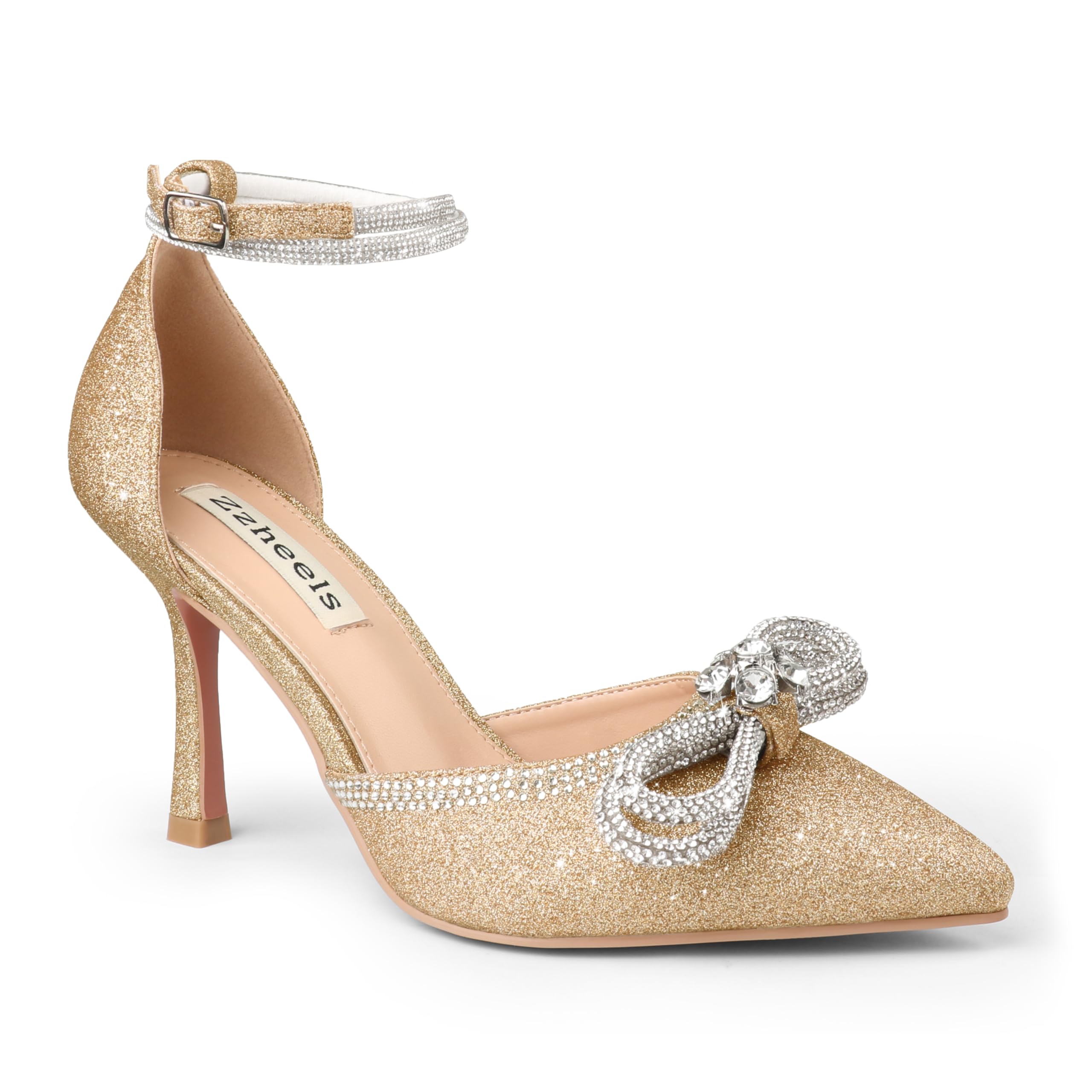 Zzheels Women's Wedding Heels Sparkly Rhinestone Stiletto Pumps Bow Heels Pointed Toe Ankle Strap High Heels Bridal Party Dress Shoes