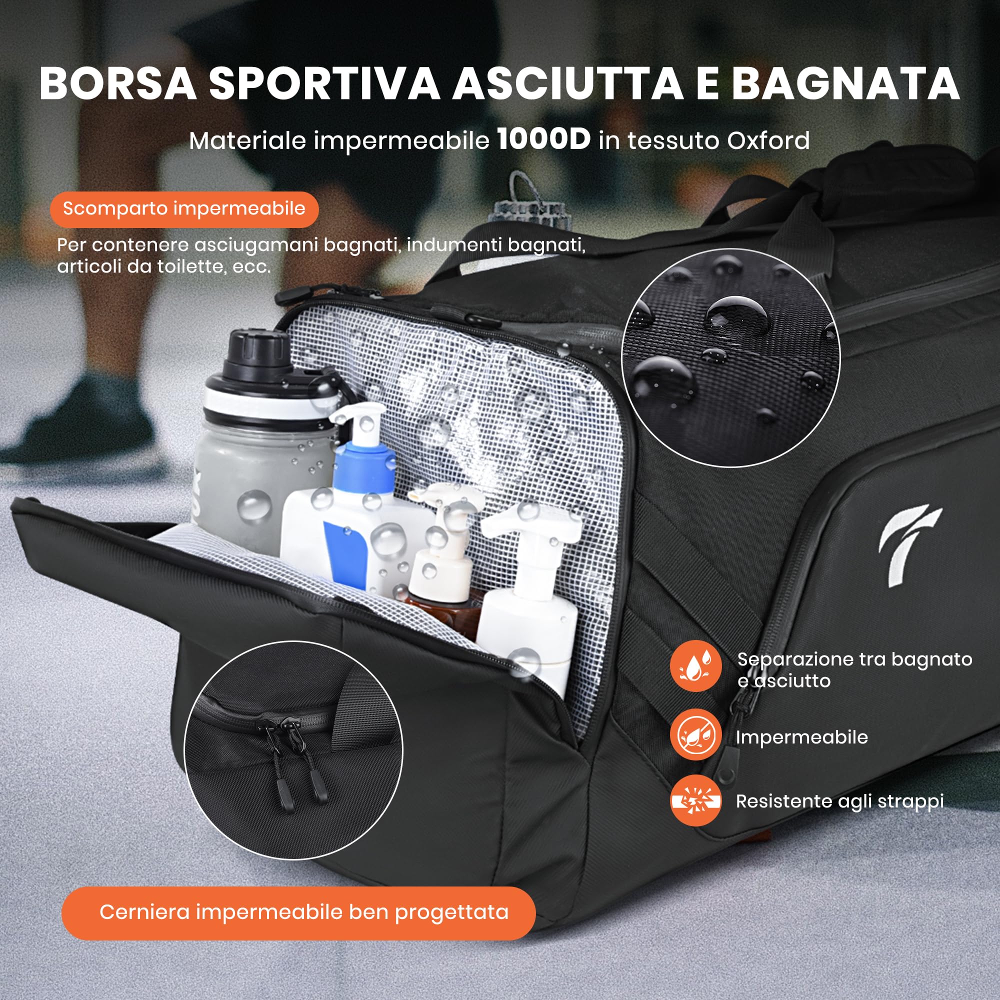 Borsone Palestra Uomo Donna, 58L Borsone per Uomo con Porta Scarpe e Tasca Umida da Viaggio, Spallacci Occultabili, Borsone Palestra Impermeabile per Viaggi, il Fitness, lo Sport, Campeggio