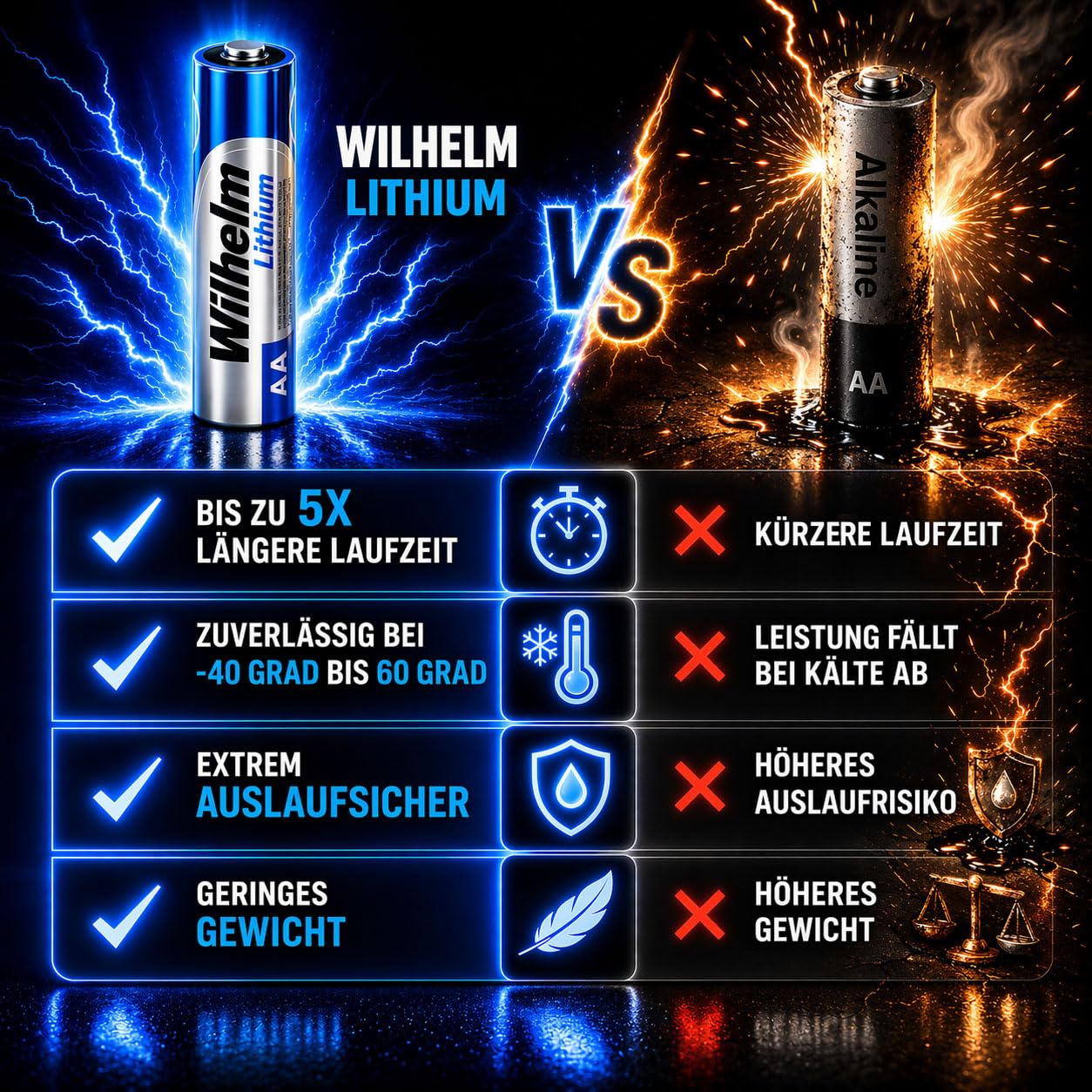 Wilhelm Lithium AA Batterien Mignon LR6 1,5 V Lange Laufzeit – 100 Stück