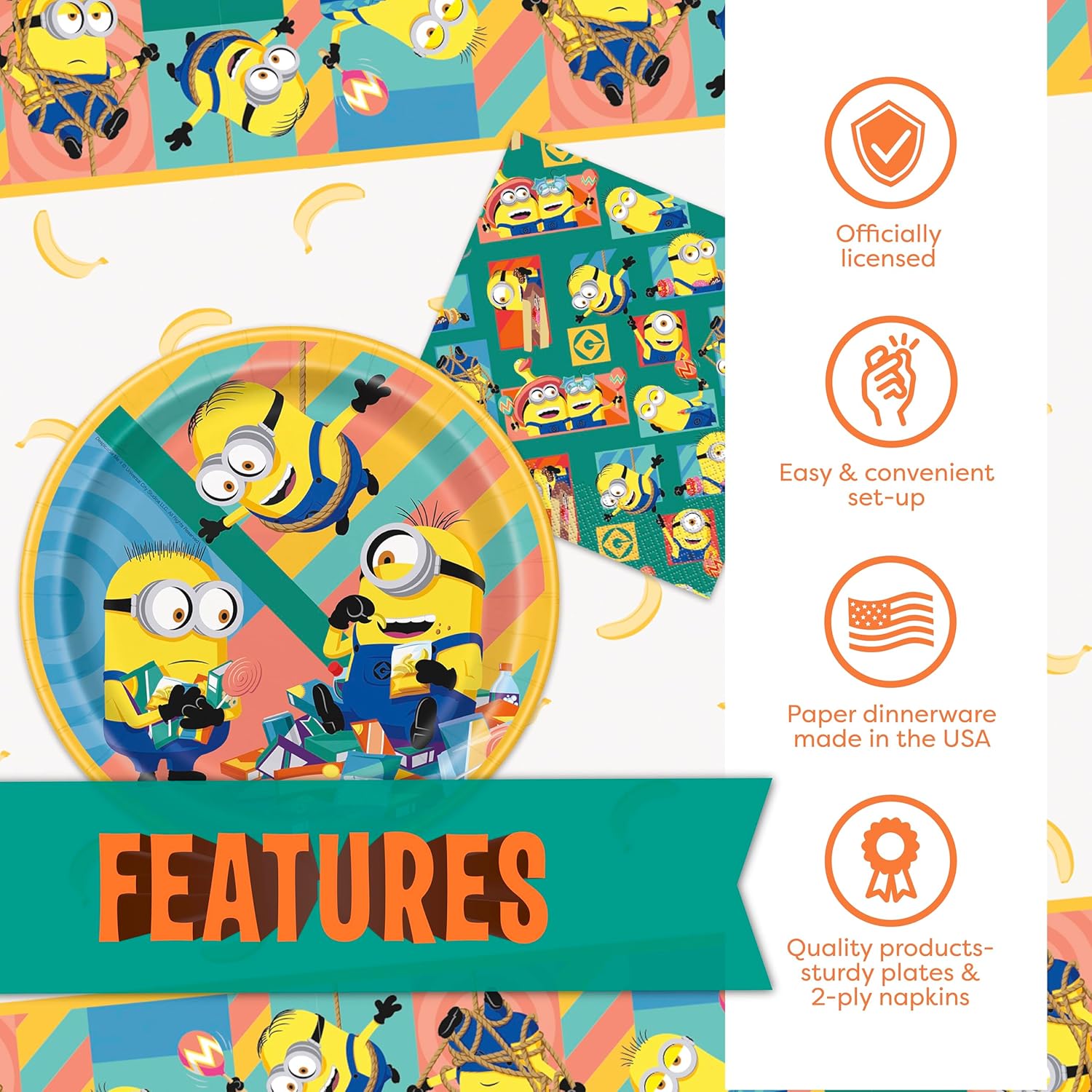 Unique Minions Birthday Party Decorations | Tablecover, Plates and Napkins for 16 | Minion Birthday Party Decorations | Officially Licensed - Image 3