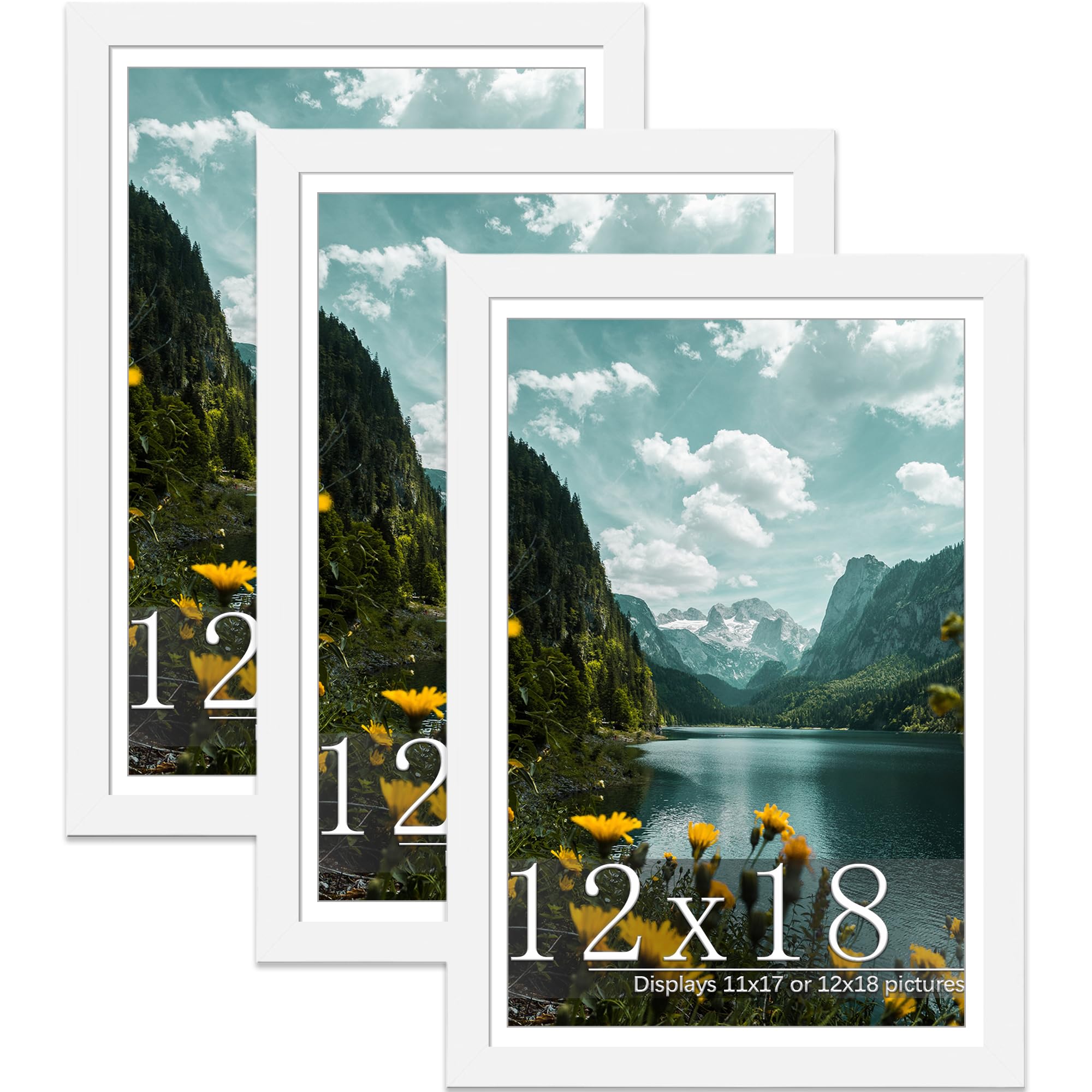 Picrit 12x18 Picture Frame 3 Pack, White Poster Frame, Display Poster 11 x 17 with Mat or 12 x 18 Without Mat for Horizontal or Vertical Wall Mounting.