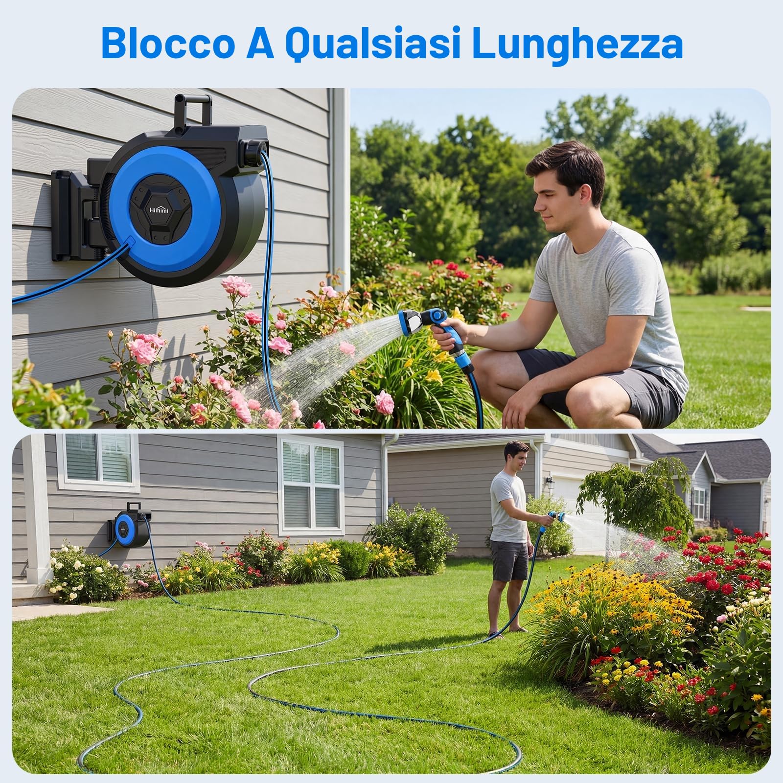 Himimi Avvolgitubo da Giardino 30m + 2m, Avvolgitubo Acqua da Parete con Tubo 30m, Riavvolgimento Automatico, Orientabile 180°, Pistola Spruzzo 10-in-1 per Irrigazione Giardino