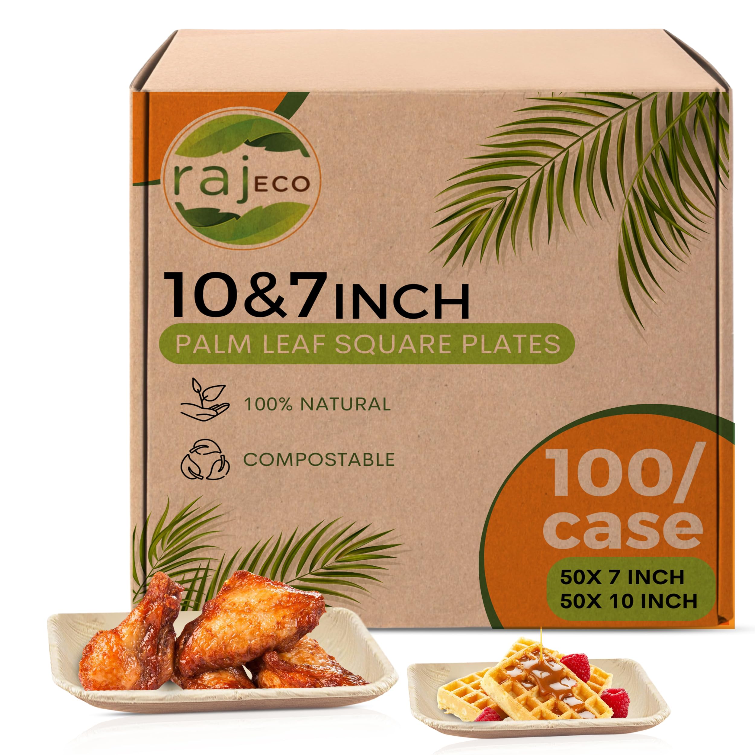 Raj Palm Leaf Plates [50-Pack] 10" & 7" Square Plates (2 CASES - 100 PACK) like Bamboo plates Disposable, Strong, Decorative Compostable Tableware for weddings, Lunch, Dinner