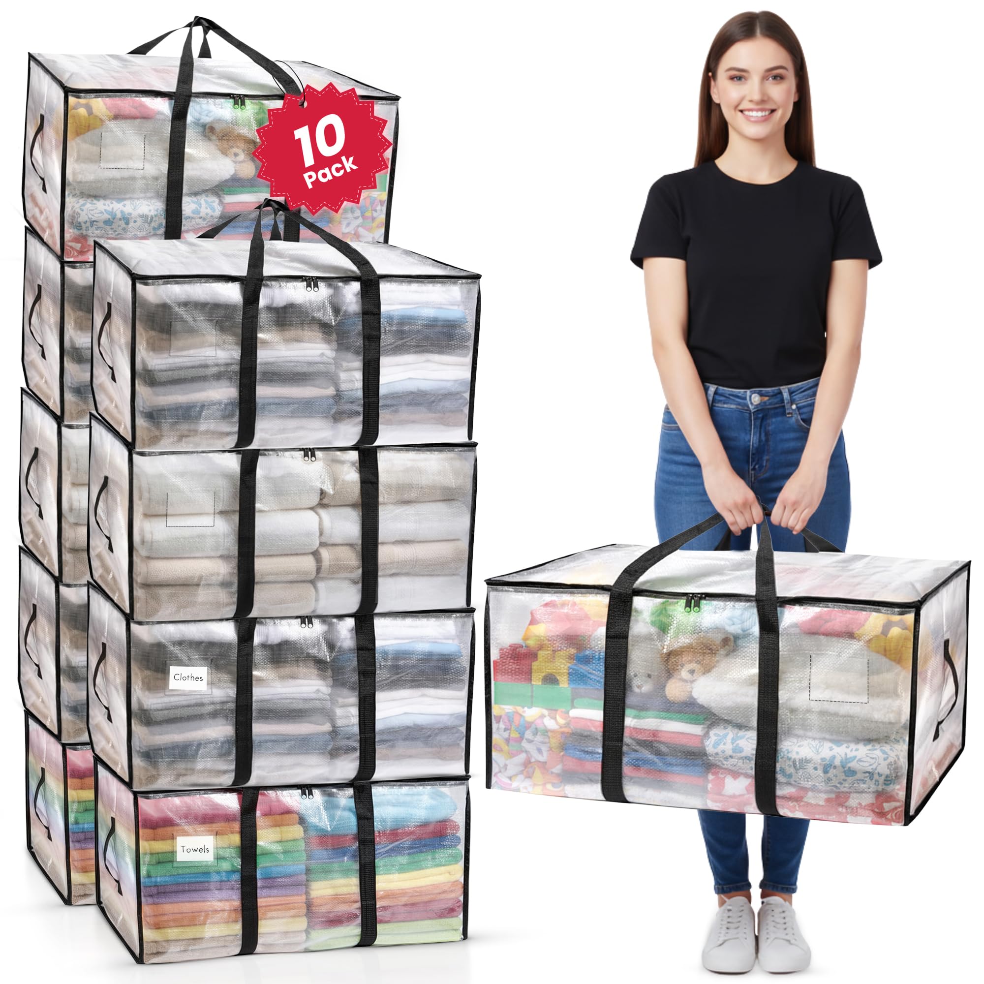 Homxters Heavy Duty Moving Bags Extra Large Strong Clear Storage Bags with Zips Pack of 10, Reinforced Handles & Straps - 90L Foldable Waterproof Packing & Moving Totes for Clothes, Bedding, Blankets