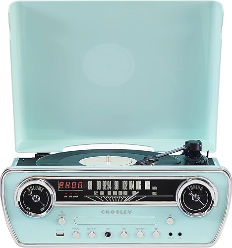 Crosley CR6047A-AB Powel - Reproductor de discos de vinilo Bluetooth 7 en 1 con radio AMFM, reproductor de CD y entrada auxiliar, azul aguamarina
