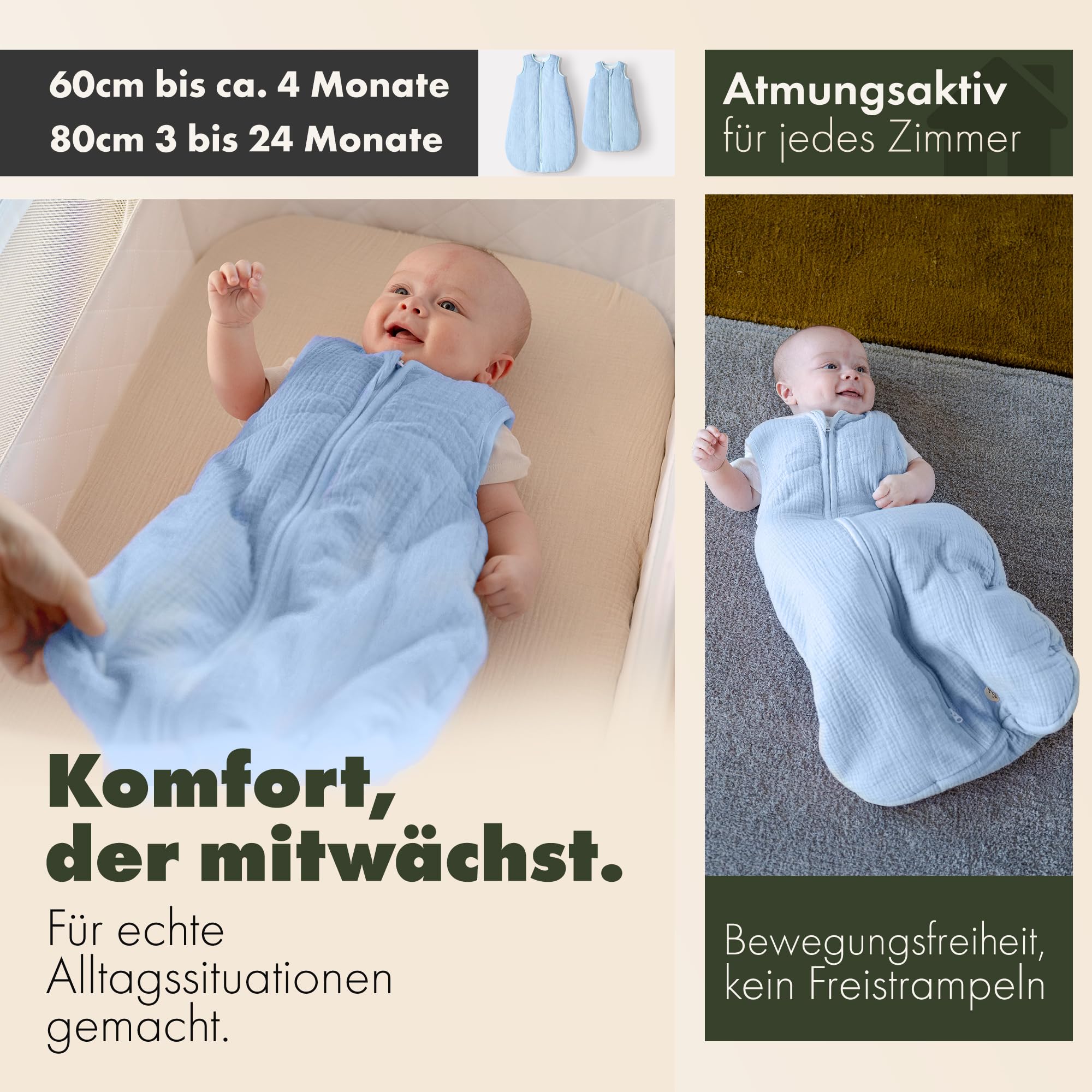KUNU® Baby Schlafsack 2 Tog - 60cm weicher Bio Musselin Schlafsack Baby bis ca. 3 Monate - Hautfreundlicher Babyschlafsack Neugeborene für das ganze Jahr