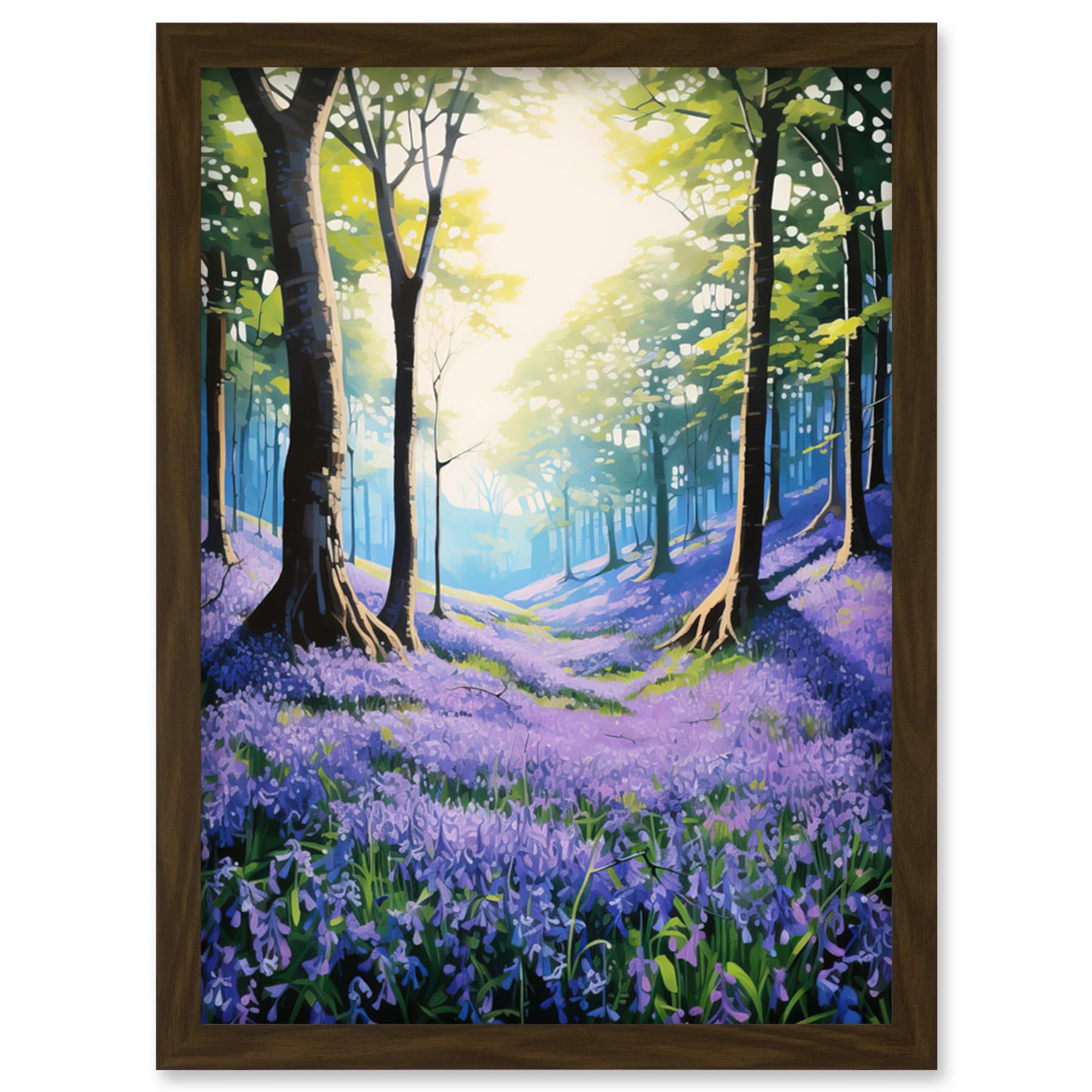 Artery8 Bluebell Forest Sunshine Vibrant Artwork Purple Blue Flowers Early Morning Serene Landscape Artwork Framed Wall Art Print A4