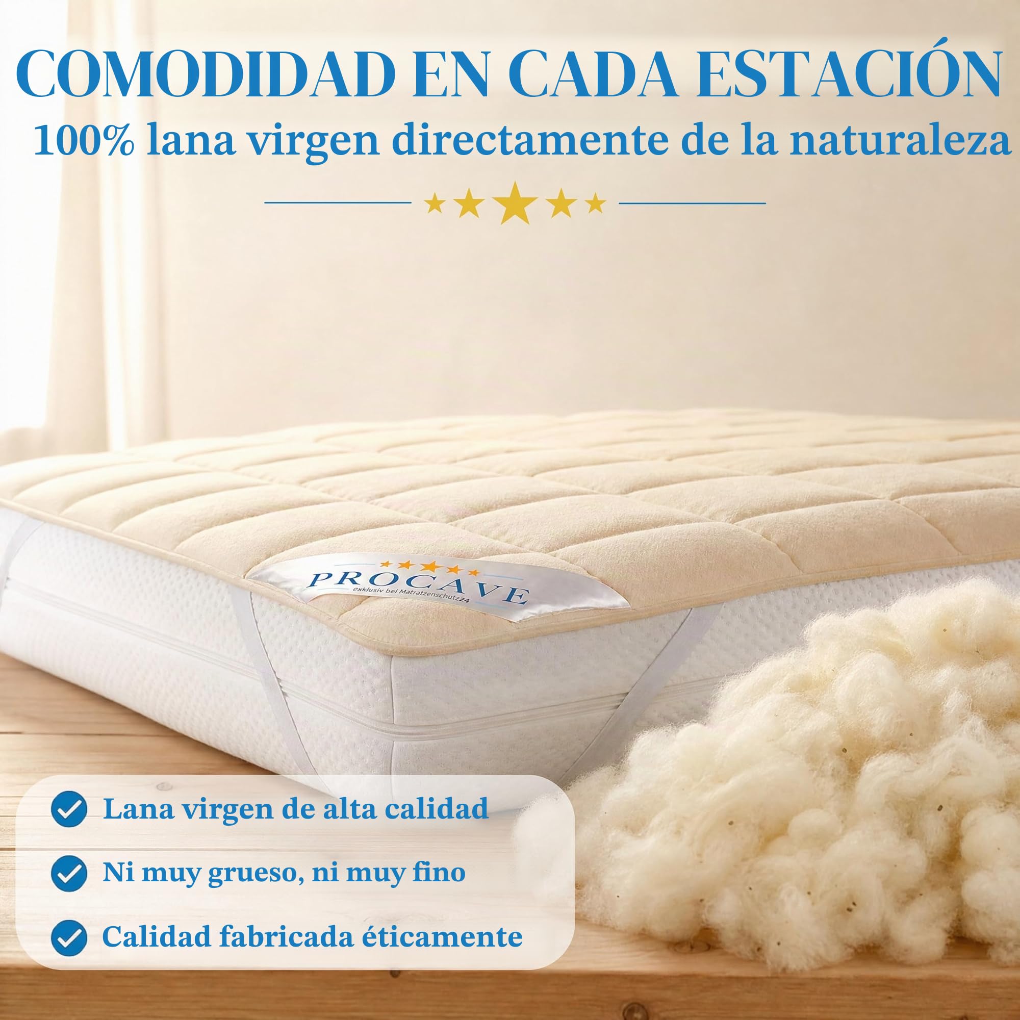 PROCAVE Protector de colchón Acolchado de Lana Virgen,Funda Transpirable para Cama, Cubrecolchón con 4 Gomas angulares 160x200 cm