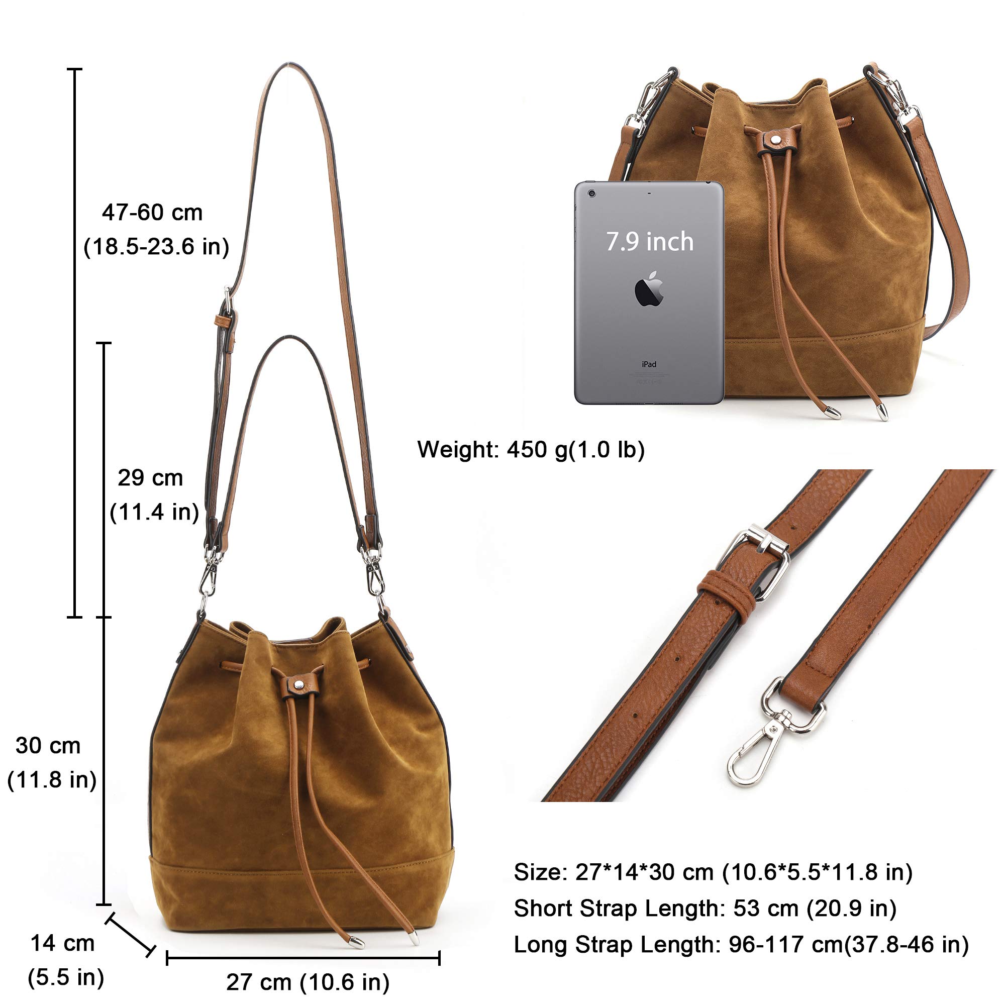 AFKOMST Borsa da donna, borsa a tracolla e borsa a tracolla da donna, alla moda, in similpelle, con coulisse e tracolla regolabile, elegante borsa per il tempo libero, marrone scamosciato