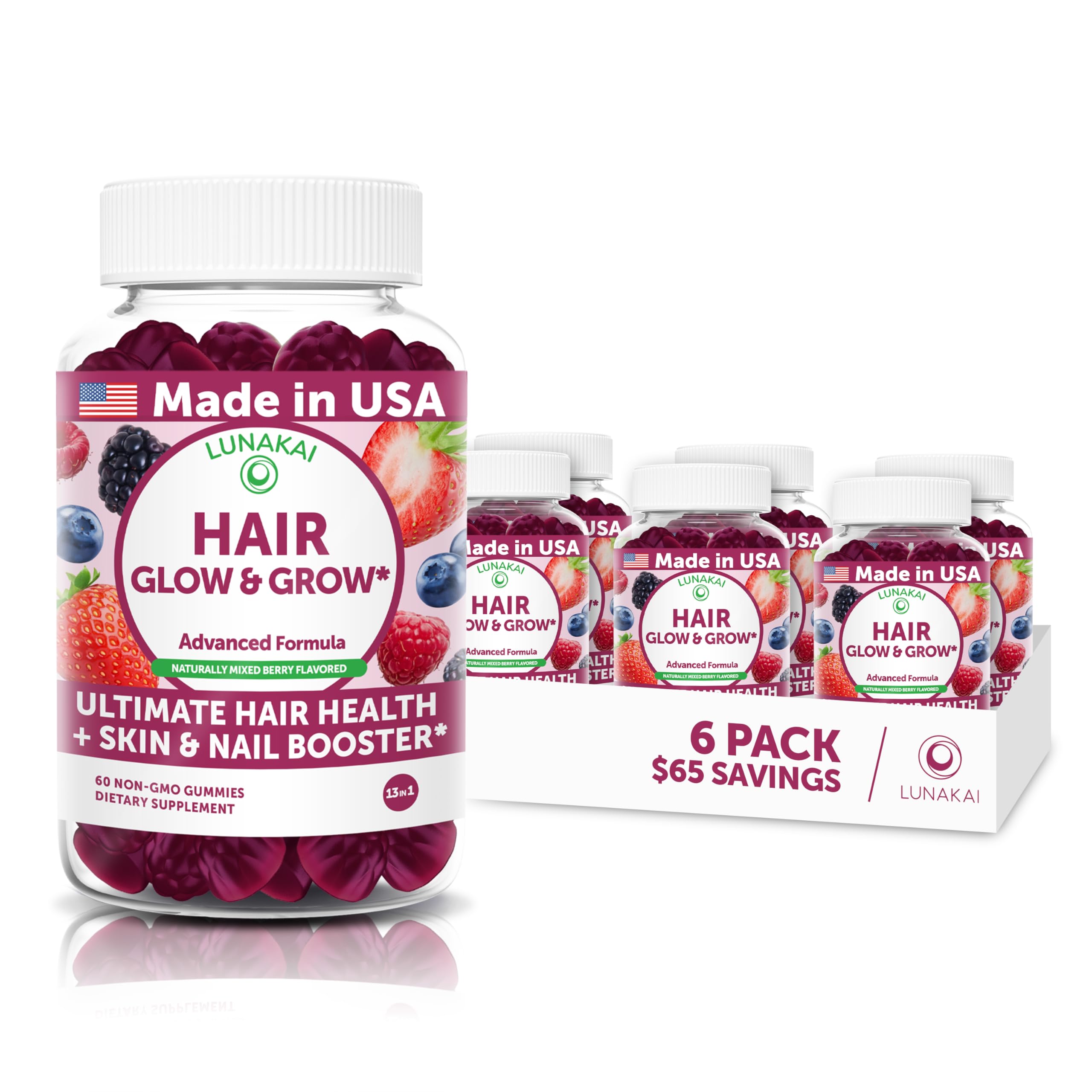 Lunakai USA Made Super Hair Gummies | Hair Growth Vitamins for Women & Men 60 Count (Pack of 6) Super Hair Gummies