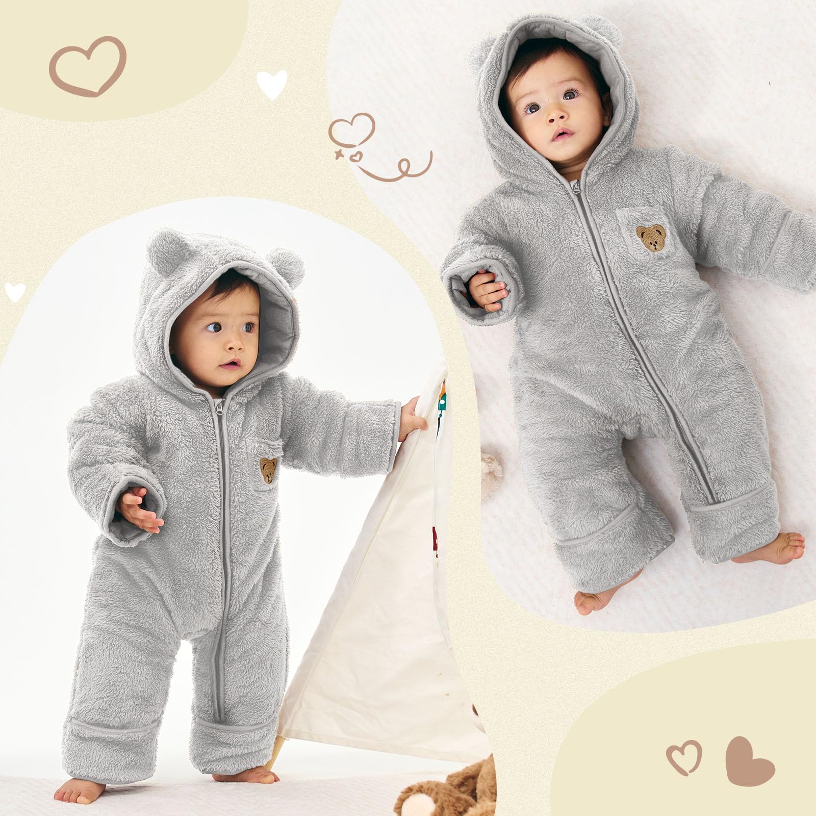 WYTbaby Newborn - Tuta da neve invernale in pile, con cappuccio, per bambini, 0-12 mesi