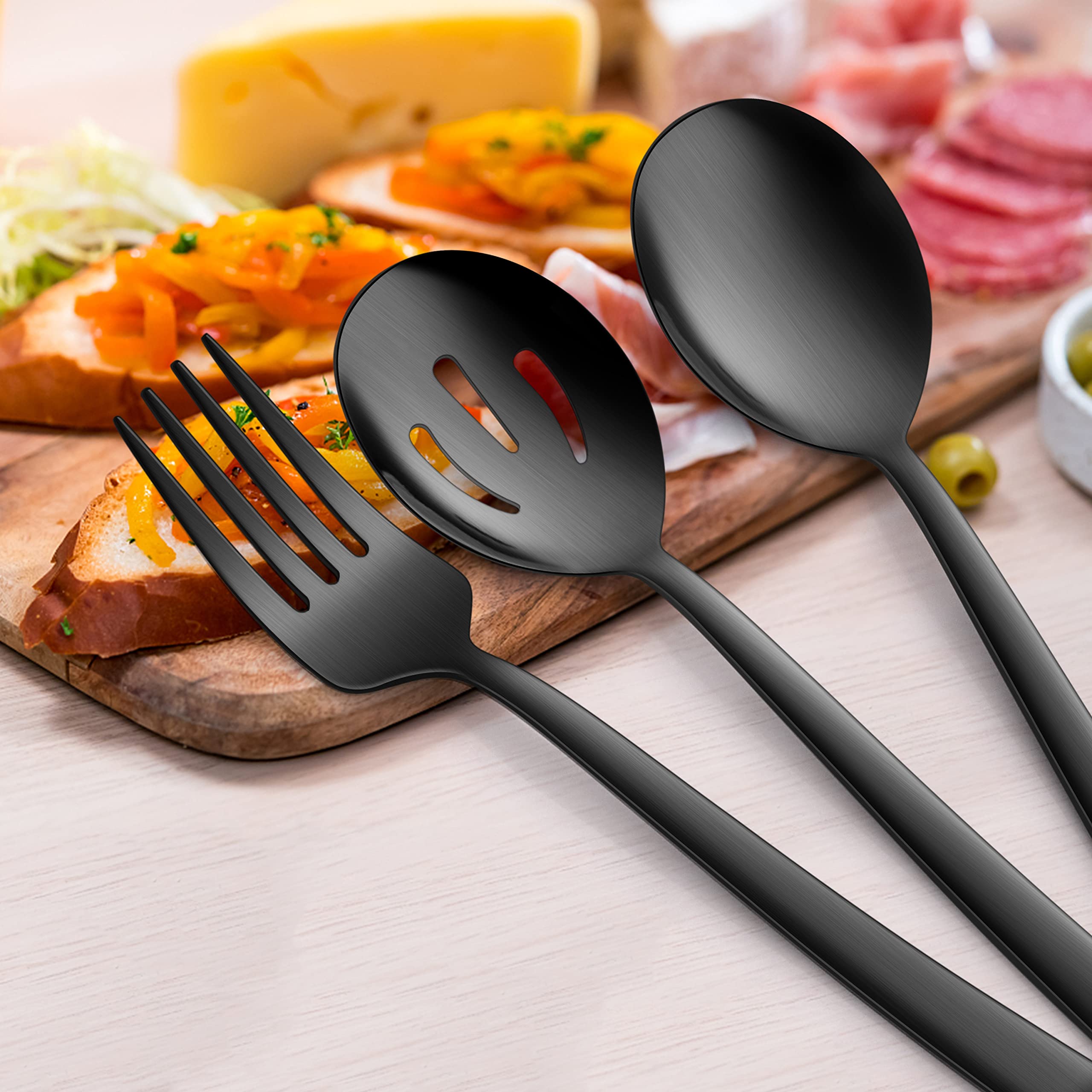 E-far Lot de 6 ustensiles de service en acier inoxydable noir mat de 22,6 cm avec bord carré, cuillères, fourchettes fendues en métal pour buffet de fête, traiteur, passent au lave-vaisselle