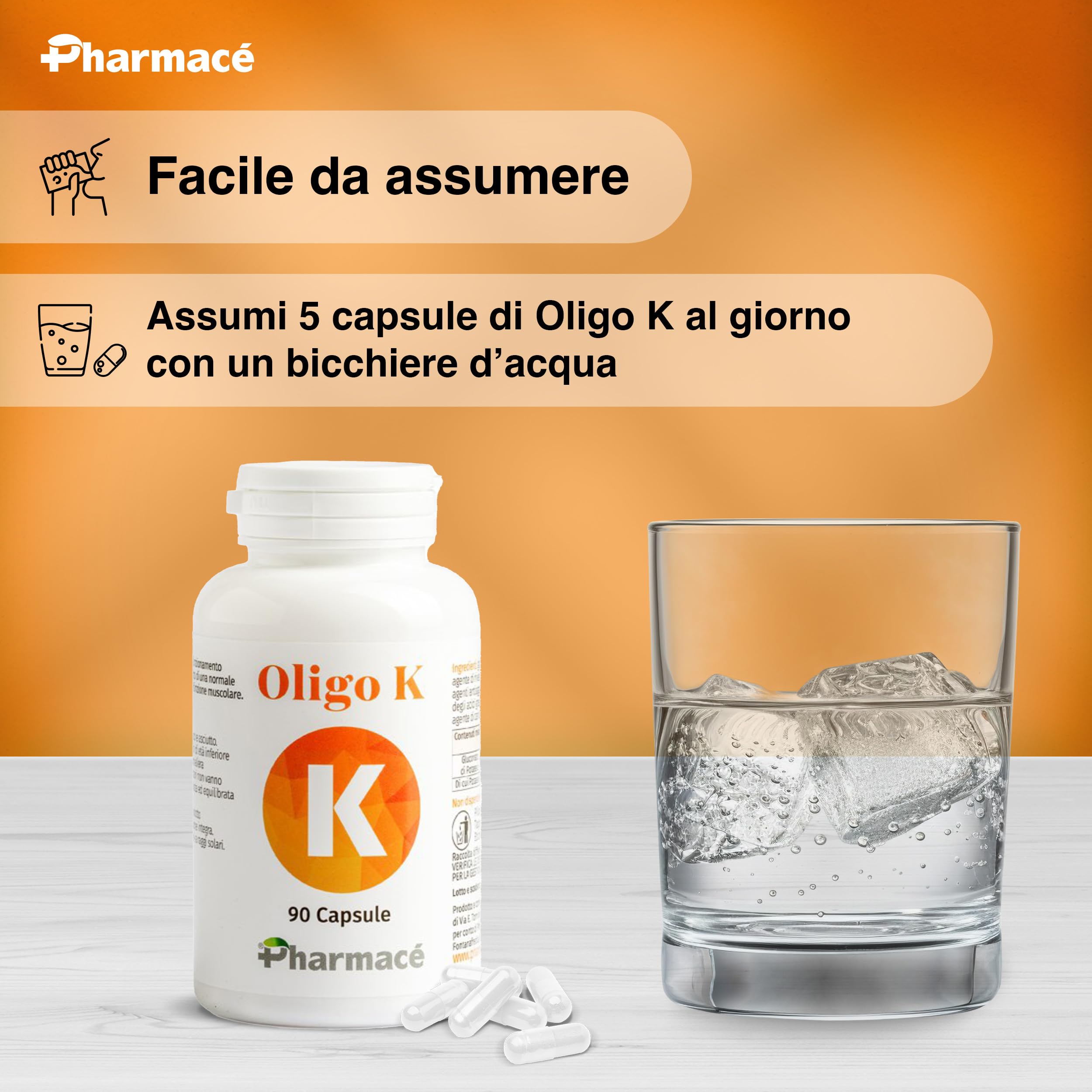 Pharmace' Oligo K - Potassio Gluconato ad Alta Biodisponibilita - 322mg per Compressa - 90 Compresse Senza Glutine e Lattosio - Prodotto in Italia
