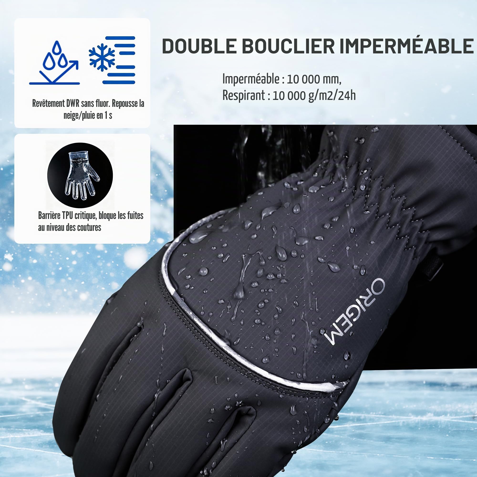 Origem Gants Hiver Homme et Femme - 3M Thinsulate Gant Chauffant Moto, Gants Thermiques Tactiles Imperméables Idéals pour Ski, Neige, Course à Pied, Cyclisme, Randonnée et Marche