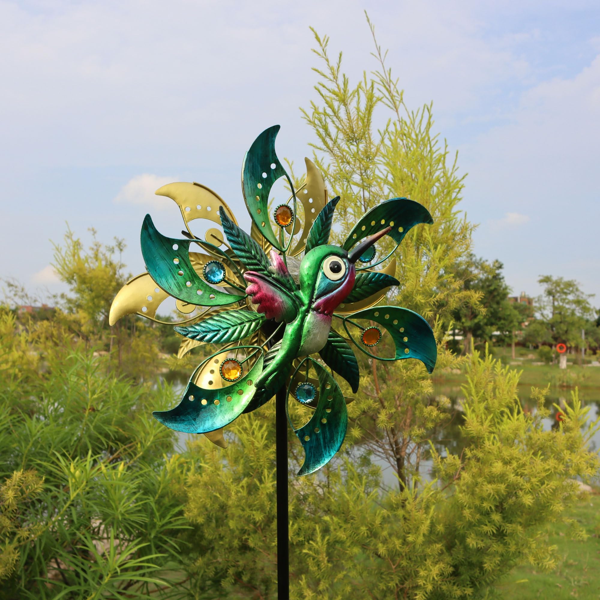 Éolienne solaire colibri et spinners extérieur en métal de cour