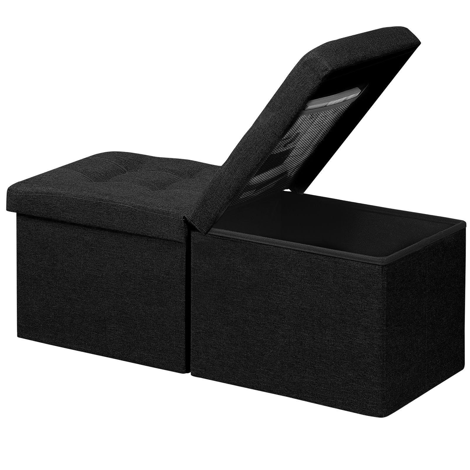 AmasSmile Storage Bench Folding Storage Ottoman Foot Rest Stool, 34 inch Black Linen Footstool Bench, Short Ottoman Bench, Storage Foot Rest Store as Books, and Blanket Storage or Others