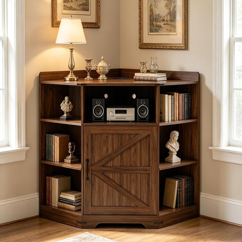 Corner Storage with Charging Station, Walnut Holds Up to 43‑Inch TV
