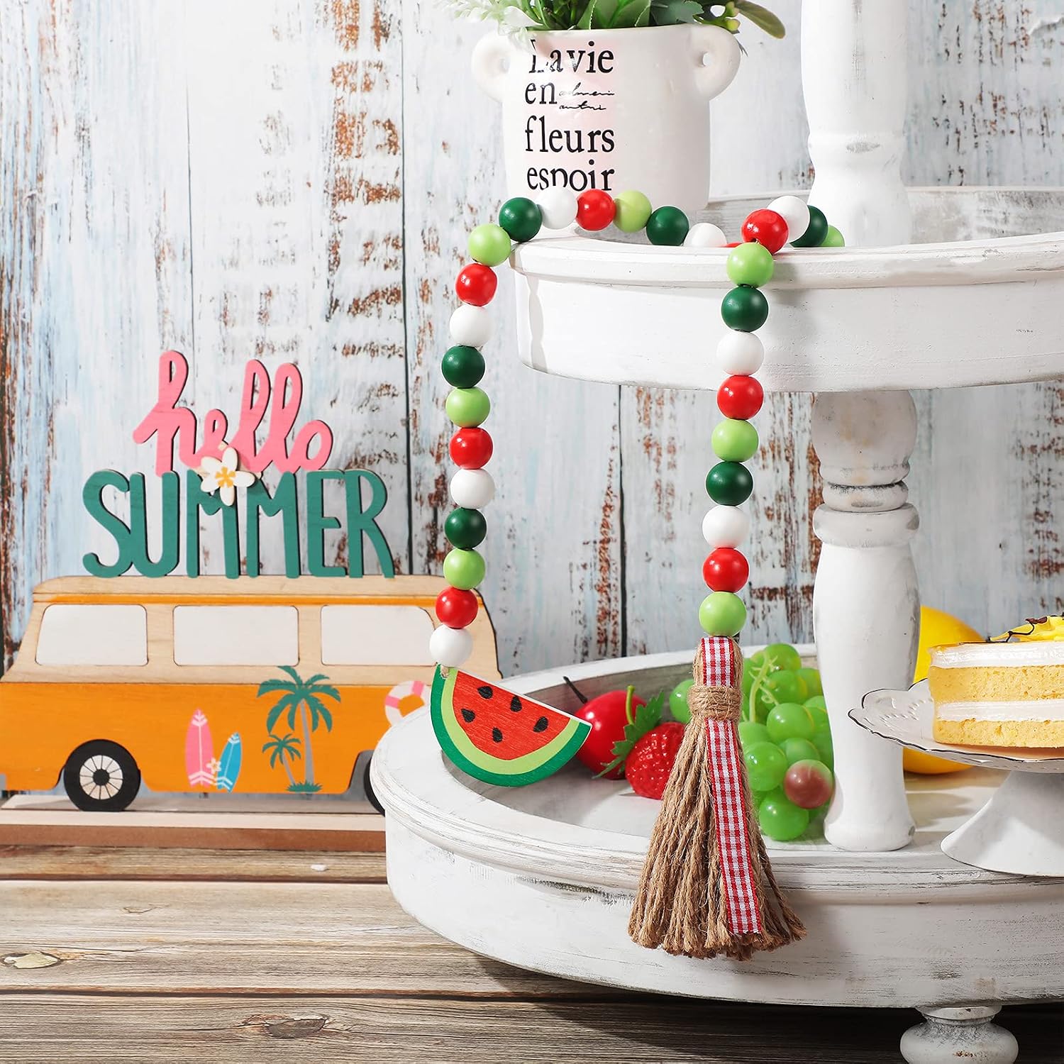 2 Pieces Watermelon Wood Bead Garland Summer Watermelon Tiered Tray Decor with Tassels Farmhouse Rustic Country Bead Garland Prayer Boho Garland Decor (Fresh Color)