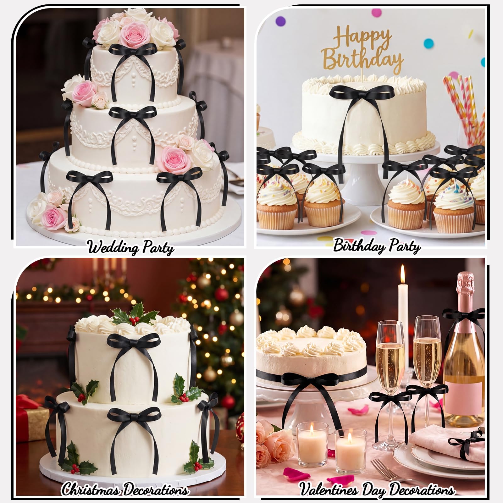 Black Ribbon Bow Cake Toppers - Halloween Party Decor -6