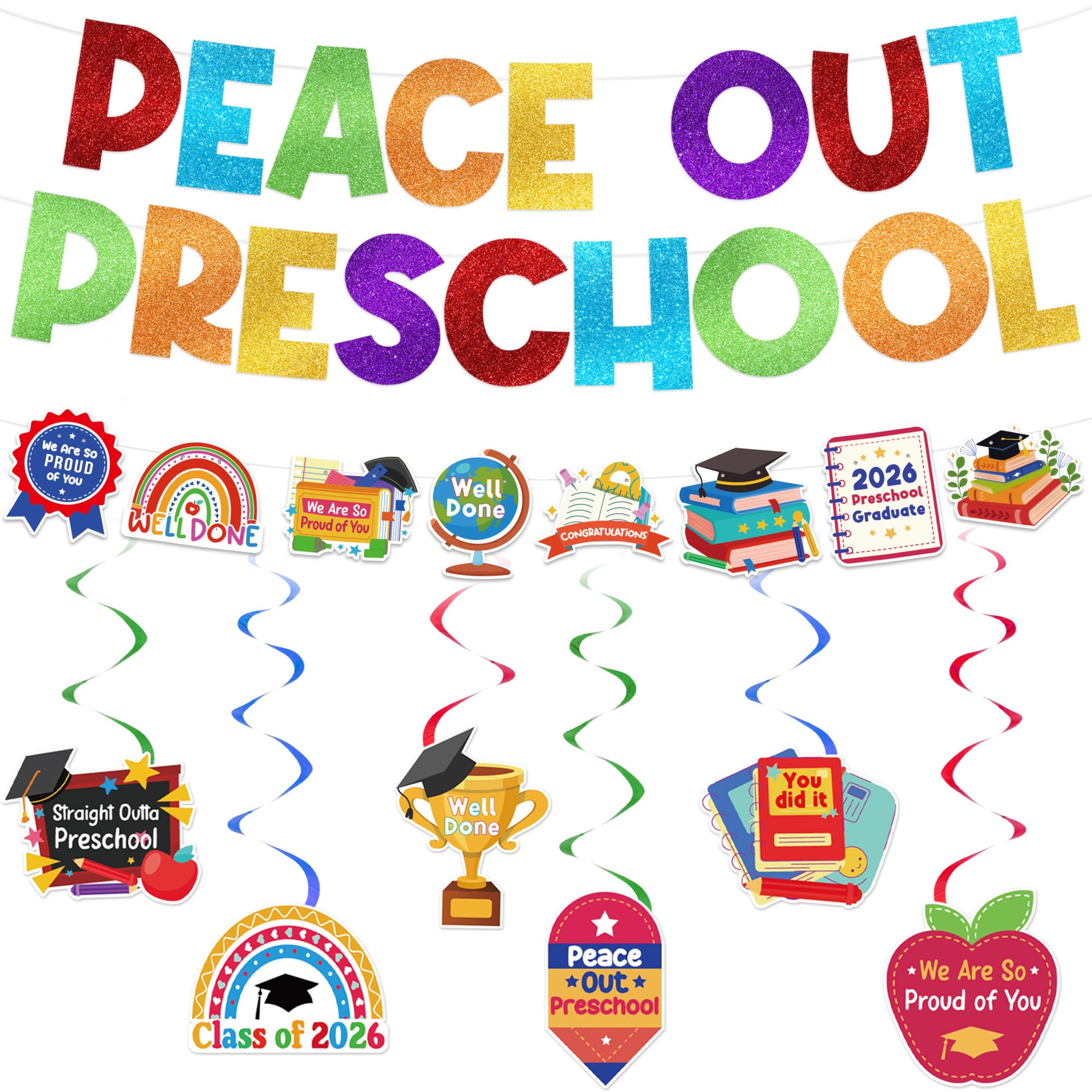 15pcs Preschool Graduation Banner Decorations - Peace Out Preschool Banner with Hanging Swirls Garland, Preschool Graduation Banner for Nursery 2026 Class Party Supplies