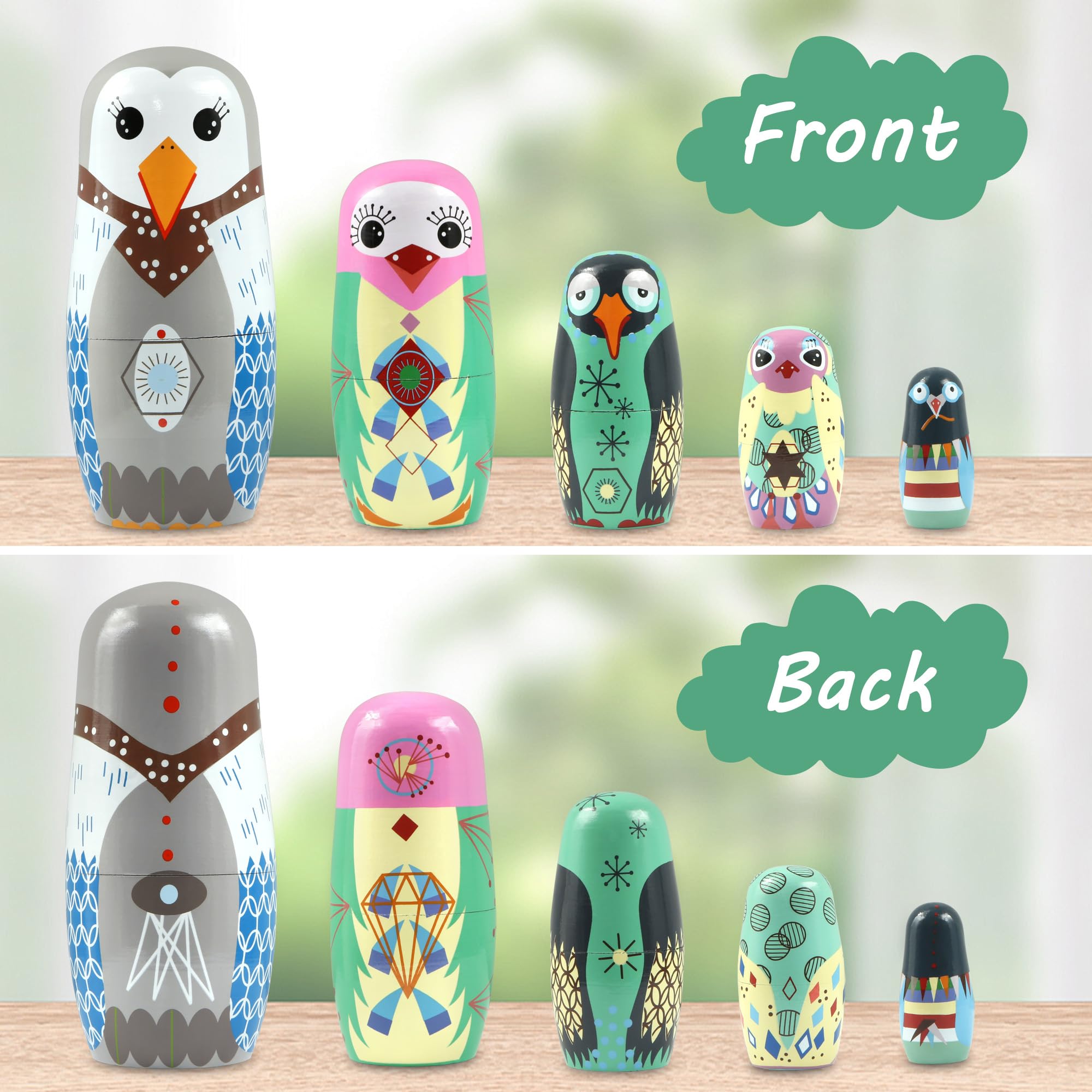 Boerni - Juego de 5 muñecas rusas con diseño de búhos de colores para niños, estudiantes, cumpleaños, Navidad y Halloween