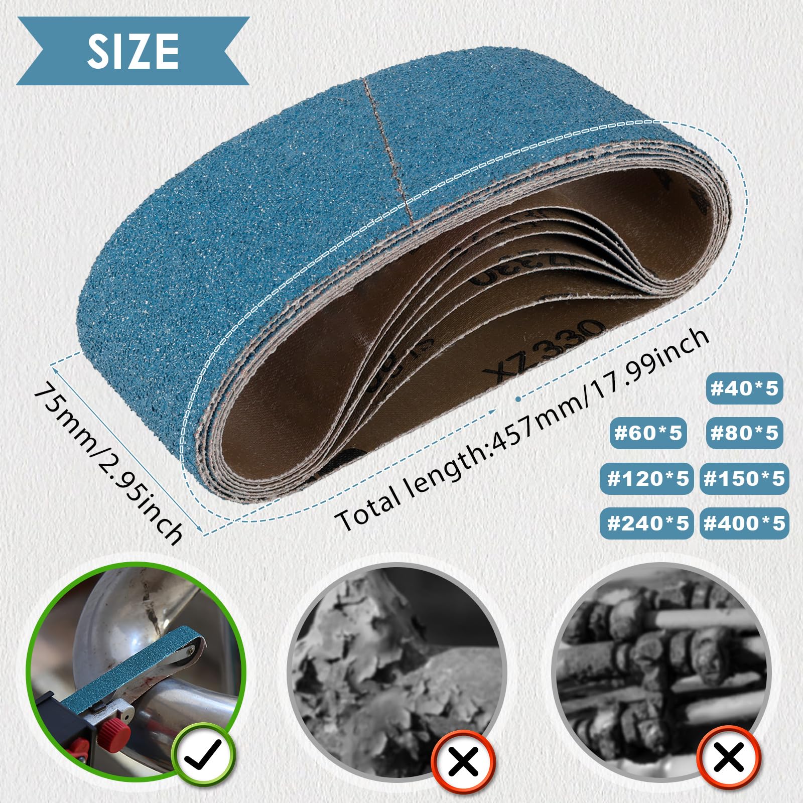 35 piezas azul óxido de circonio, bandas abrasivas, 75 x 457 mm, grano 40/60/80/120/150/240/400, alto rendimiento para lijadora de banda, ideal para metal madera inoxidable
