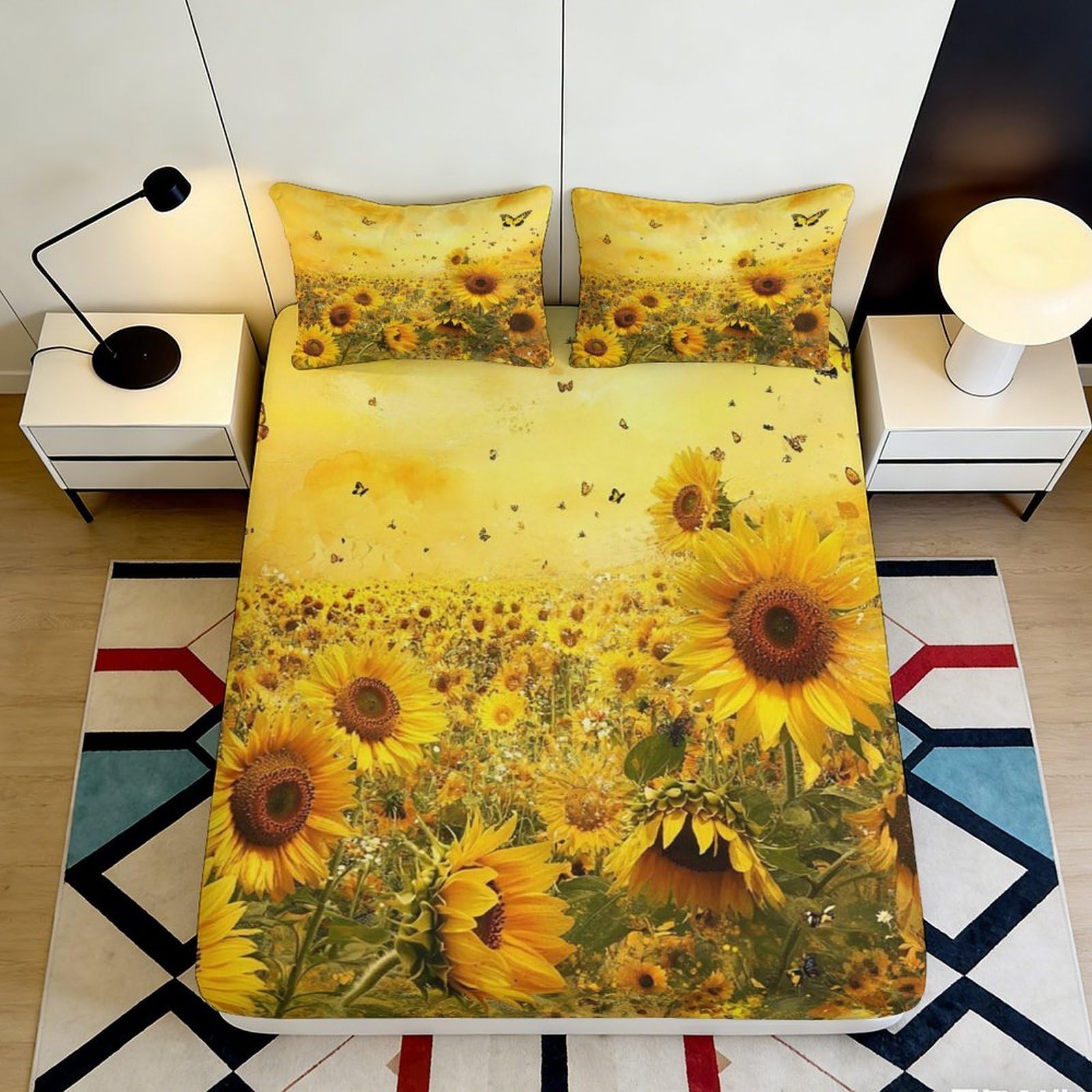 3D Printed Sunflower Fitted Sheet Microfiber Soft Breathable Floral Bed Cover for Bedroom Dormitory Guest Room Mattress Protection Decor 120x200x25cm