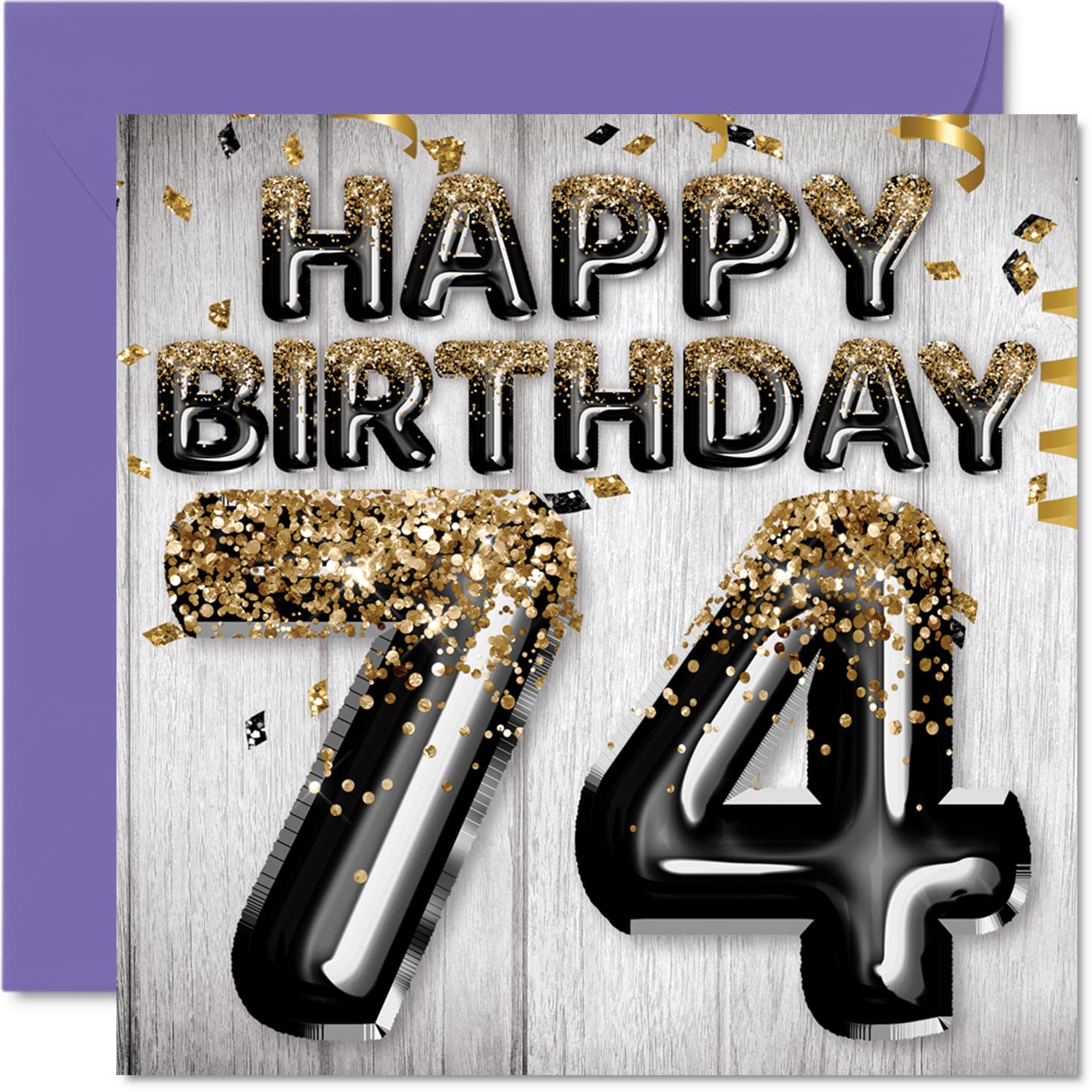 74th Birthday Card for Men - Black & Gold Glitter Balloons - Happy Birthday Cards for 74 Year Old Man Dad Great Grandad Grandpa Gran, 145mm Greeting Cards Gift