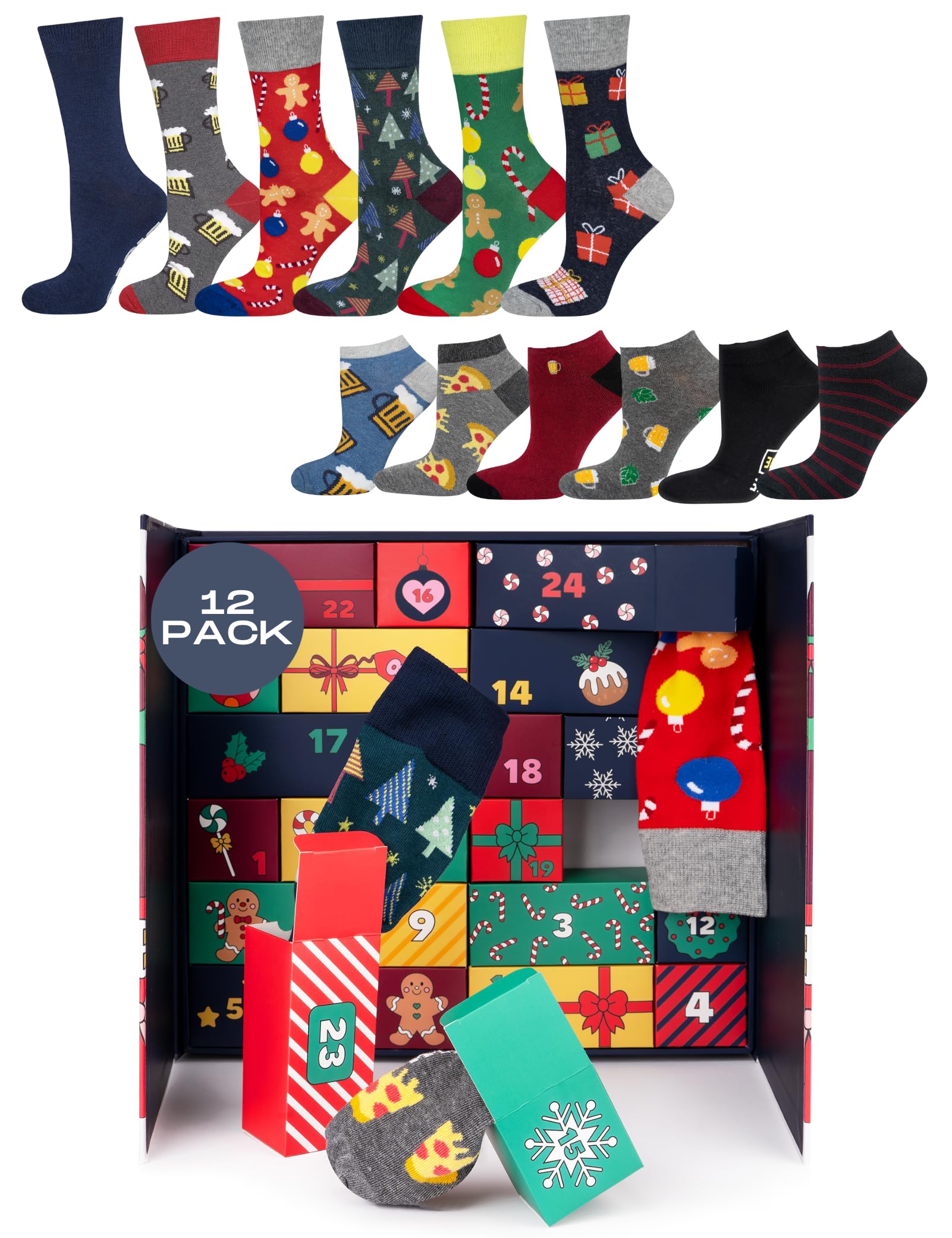 Calendrier De L'Avent Pac-Man - 24 Portes Avec 12 Paires De Chaussettes Homme Taille 40-45 - Cadeau Noël Rétro