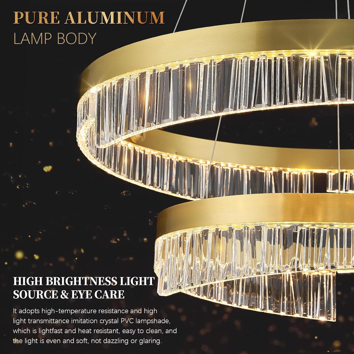 Modern LED Chandelier 2 Ring Gold Penndant Light Fixture for Dining Room Dimmable Flush Mount Chandelier with Remote Control for Living Room Bedroom Foyer