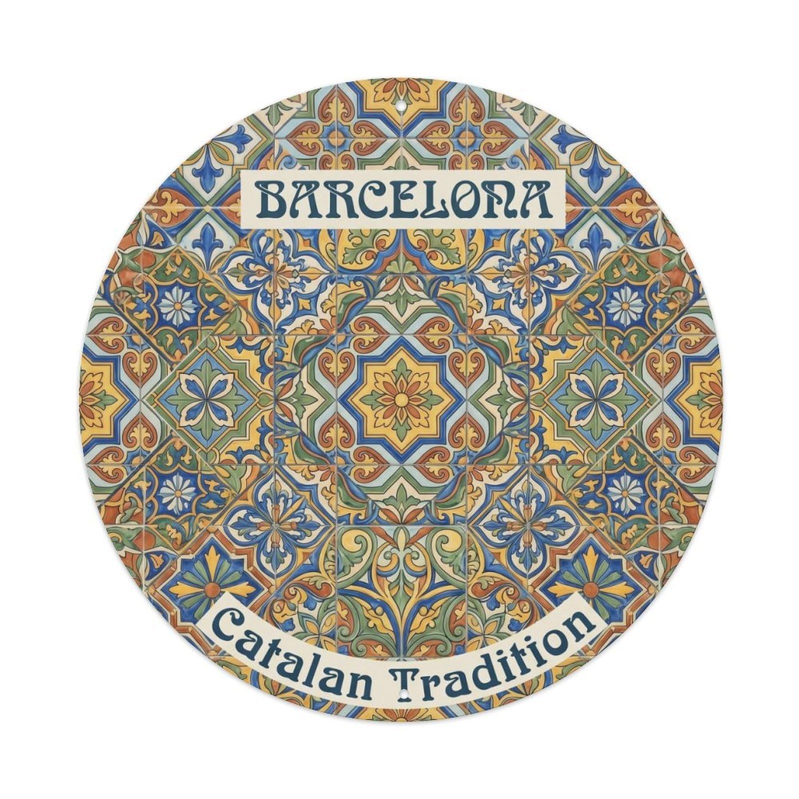 Vintage Travel Barcelona Tiles Catalan Heritage Metal Tin Sign Plaque Wall Decor for Cafe, Club, Garden Round Metal Poster 8x8Inch