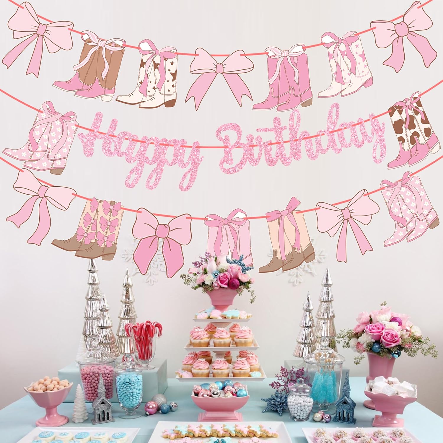 Coquette Cowgirl Birthday Banners Western Cowgirls Decorations 3PCS Boots and Bows Banner Glitter Pink Coquette Bows Birthday Decor for Girls Western Theme Baby Shower Supplies - Image 6
