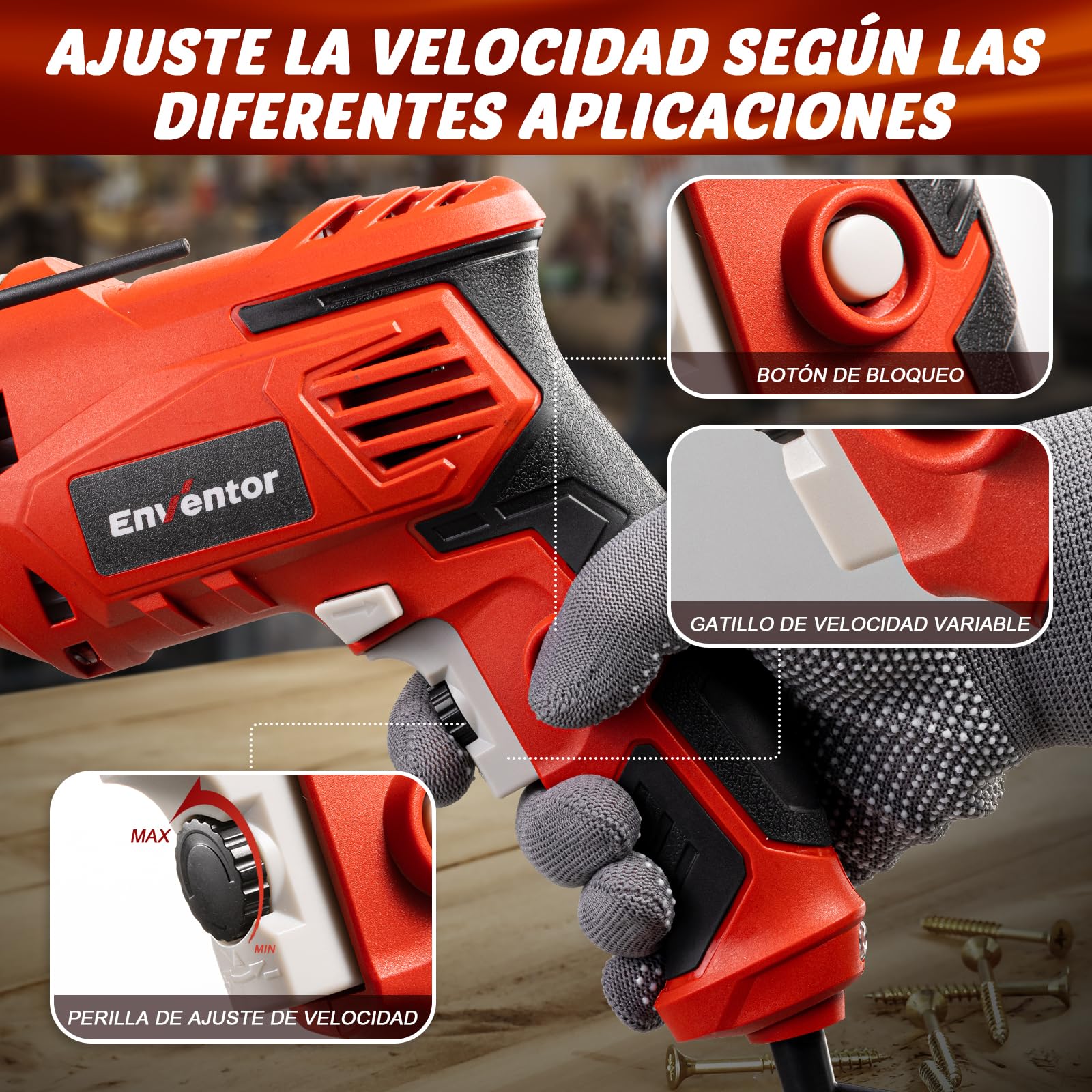 Enventor Taladro Percutor con Cable 900W, 37 Accesorios, Función 2 en 1, Velocidad Variable 0-3000RPM, Mango Auxiliar de 360°, Portabrocas de 13MM, para Concreto, Metal y Madera