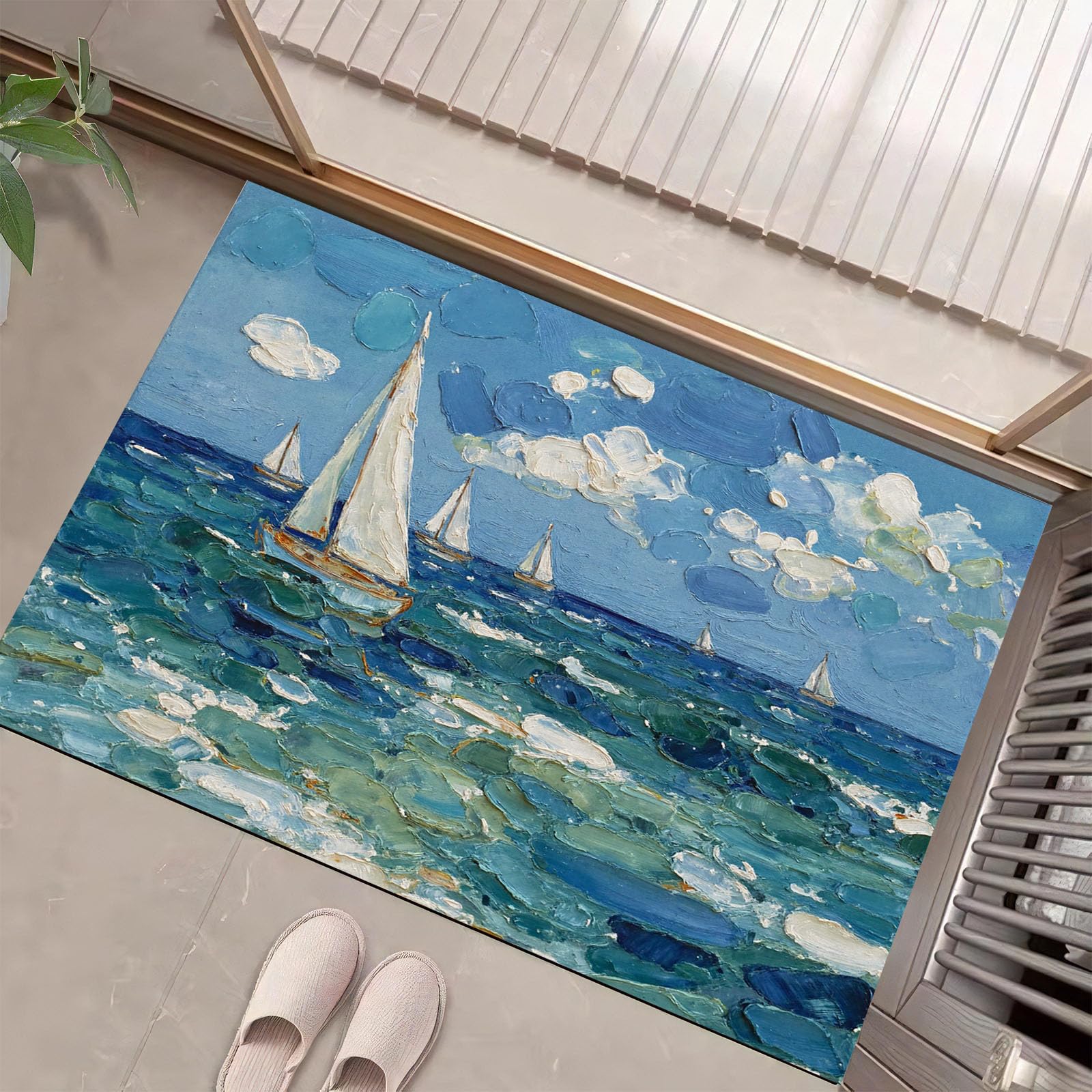 Paillasson intérieur bleu océan avec ciel bleu et voilier 80x120 cm