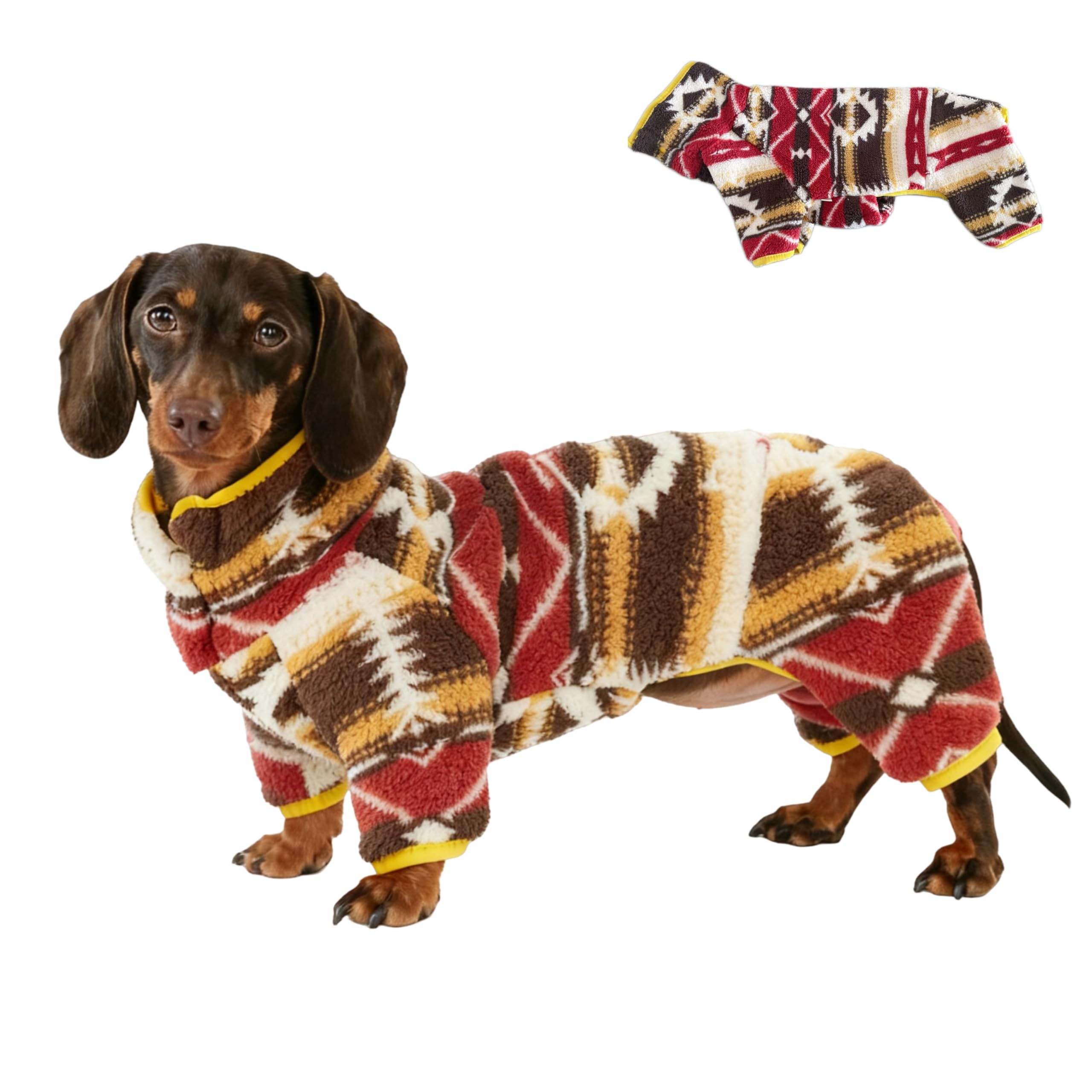 Dachshund Dog Turtleneck Sweater, Dachshund Boho Dog Onesie, Soft Fleece Full Body Jumpsuit, Warm Winter Outfit for Dachshund and mini Dachshund (Yellow, M (12-15lbs))