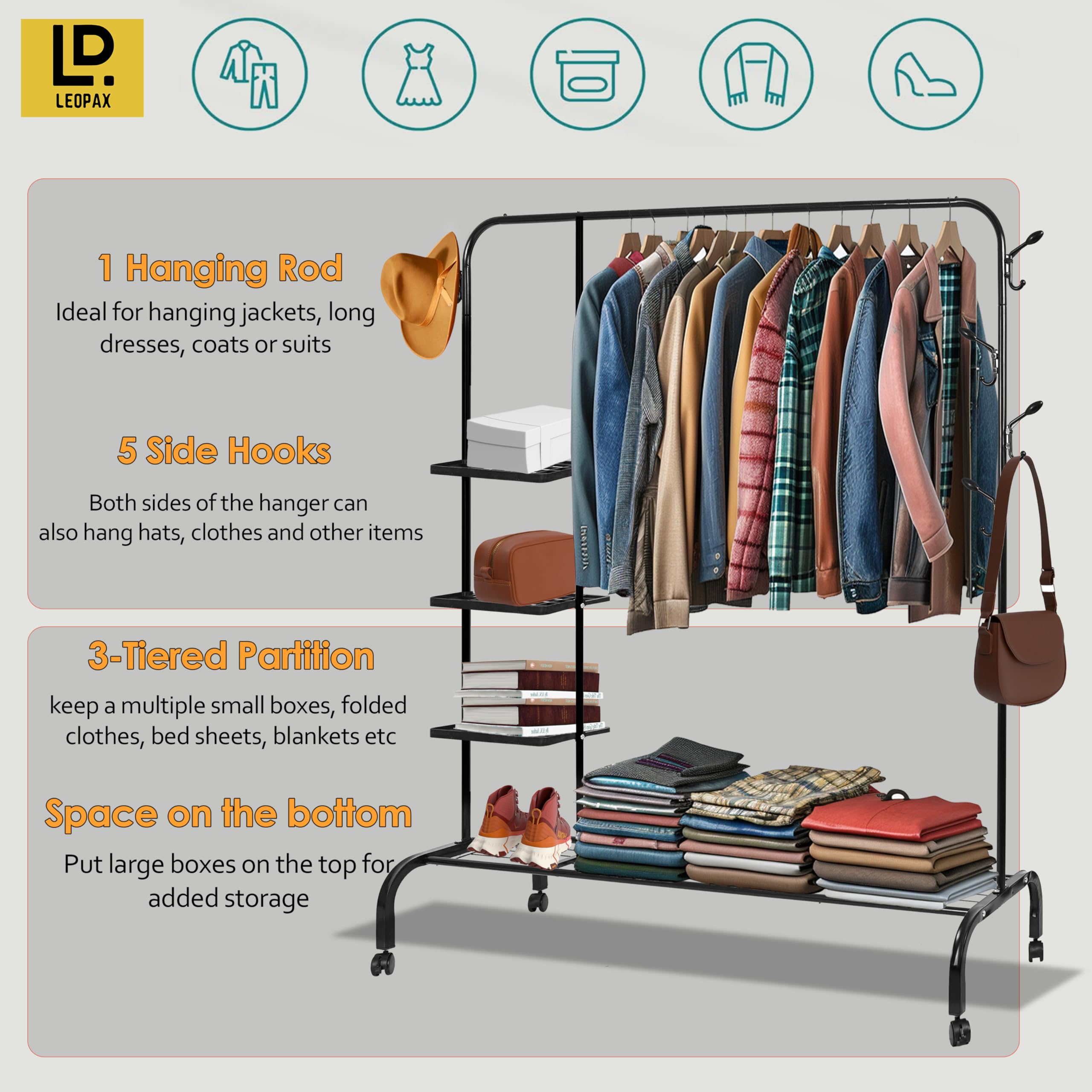 LEOPAX 9 Hook Coat Hanger Stand for Clothes, Bags, Hats & Umbrellas | Freestanding Tree Coat Rack | Modern Standing Garment Organizer for Living Room, Bedroom, Office - Black 1