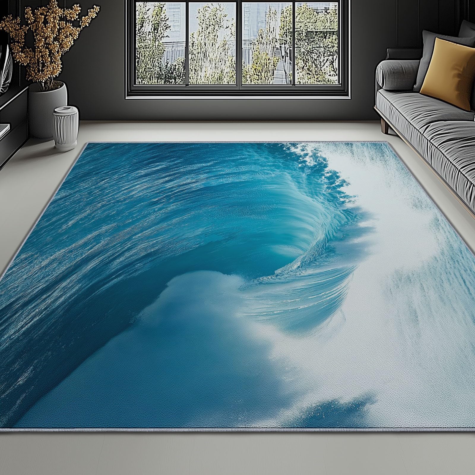 Nature Tapis de Salon, Bleu Antidérapant Lavable en Machine Tapis Flanelle Douce, Moquette Motif Flots pour Chambre Bureau Cuisine Decoration, 150x210 cm