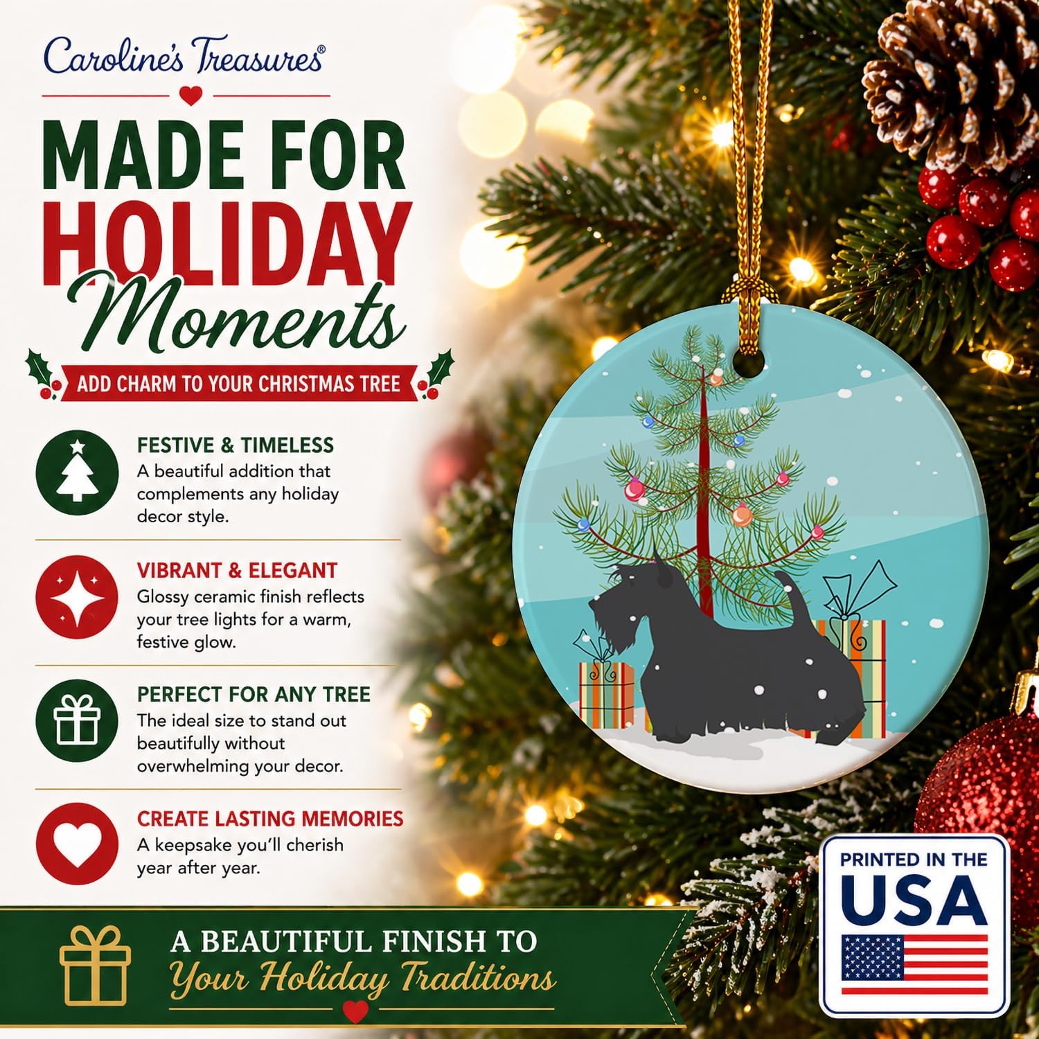 Caroline's Treasures Scottish Terrier Merry Christmas Tree Ceramic Ornament | Scottish Terrier Merry Christmas Tree artwork on a durable round ceramic ornament with hanging ribbon