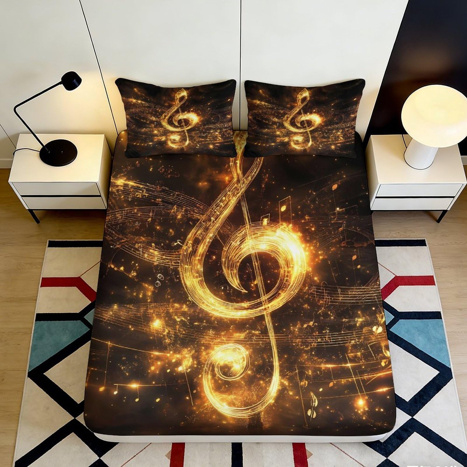 3D Printed Golden Music Note Fitted Sheet Microfiber Bedroom Bed Cover for Home Dorm Anti-Slip Washable Decor 90x200x25cm