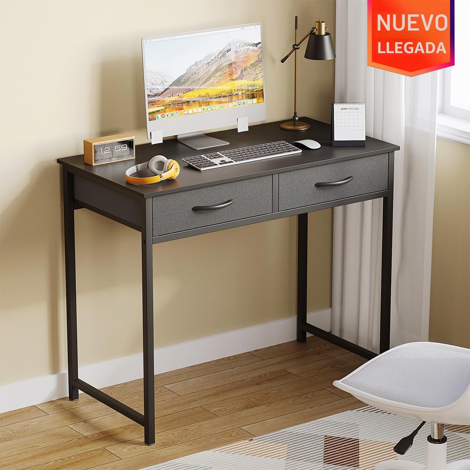 WOHOMO Escritorio pequeño para computadora con cajones, escritorio negro de 31.5 pulgadas con almacenamiento, escritorios de computadora de oficina en casa para espacios pequeños, mesa de estudio de
