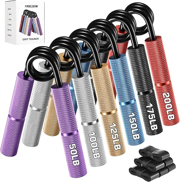 Hozzen Grip Strength Trainer, 6 Pack Grip Strength Trainer Set (50-350LB), No Slip Hand Grip Strengthener, Wrist Forearm Strengthener with Grip Tape for Strength Training, Exercise, Injury Recovery