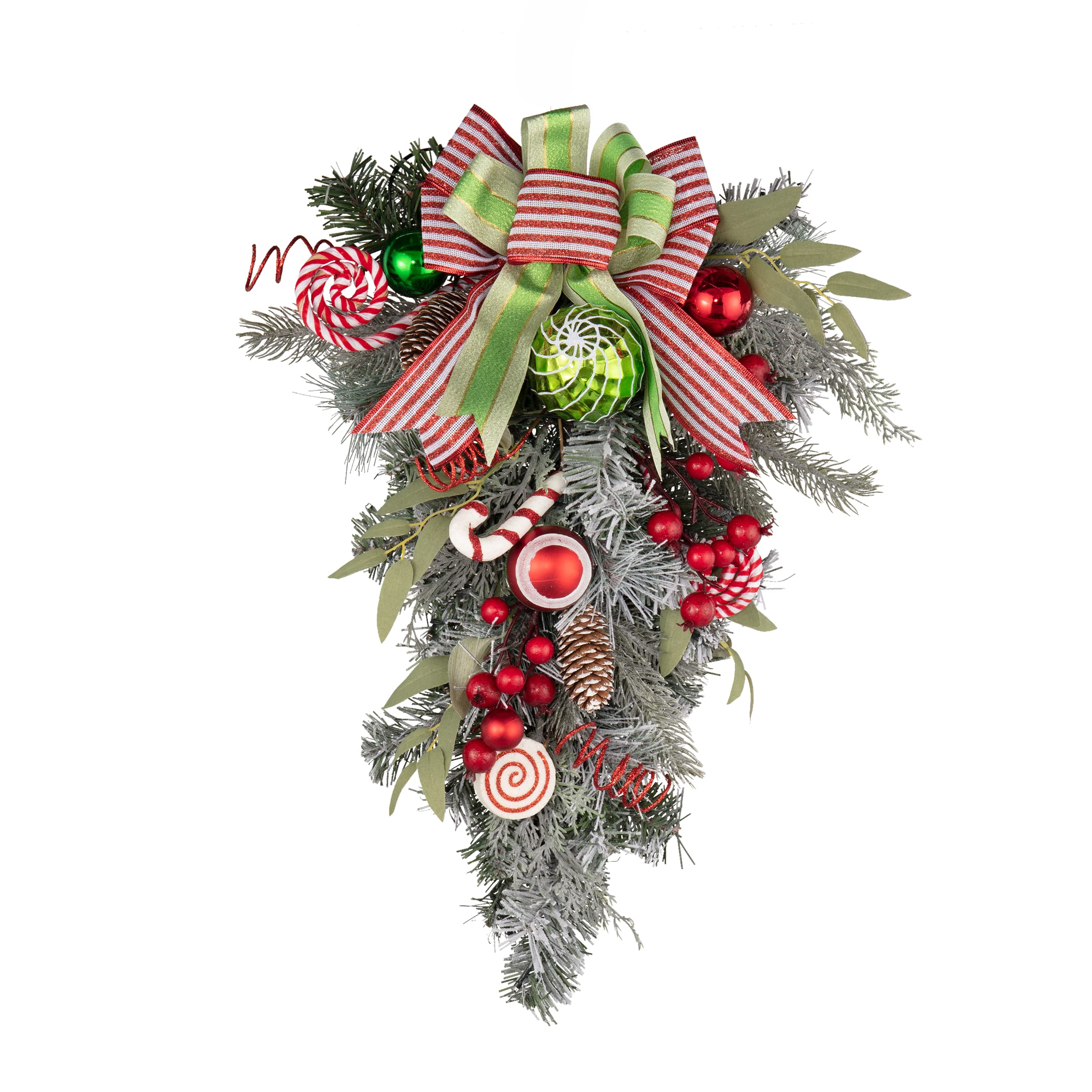 Valery Madelyn Pre-Lit 24 inch Delightful Elf Red Green White Christmas Teardrop Swag for Front Door with 20 LED Lights Candy Berry Ball Ornaments for Window Mailbox Fireplace Mantle Xmas Decor