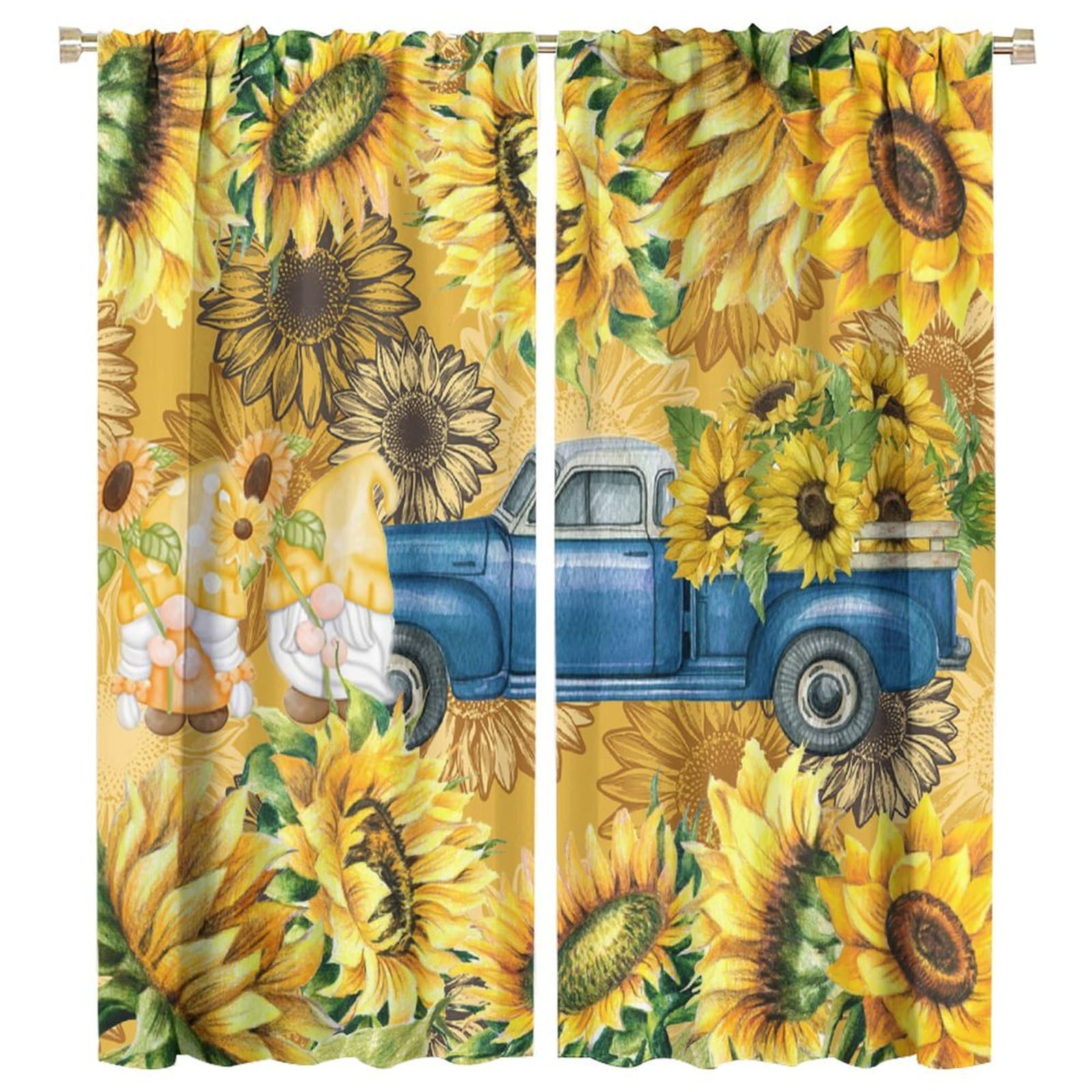 BenYaSong Sunflower Blackout Curtain Farmhouse Gnome Truck Curtain Countryside Rustic Flowers for Home Kitchen Restaurant Decoration Window Curtain 2 Panels 55x63in