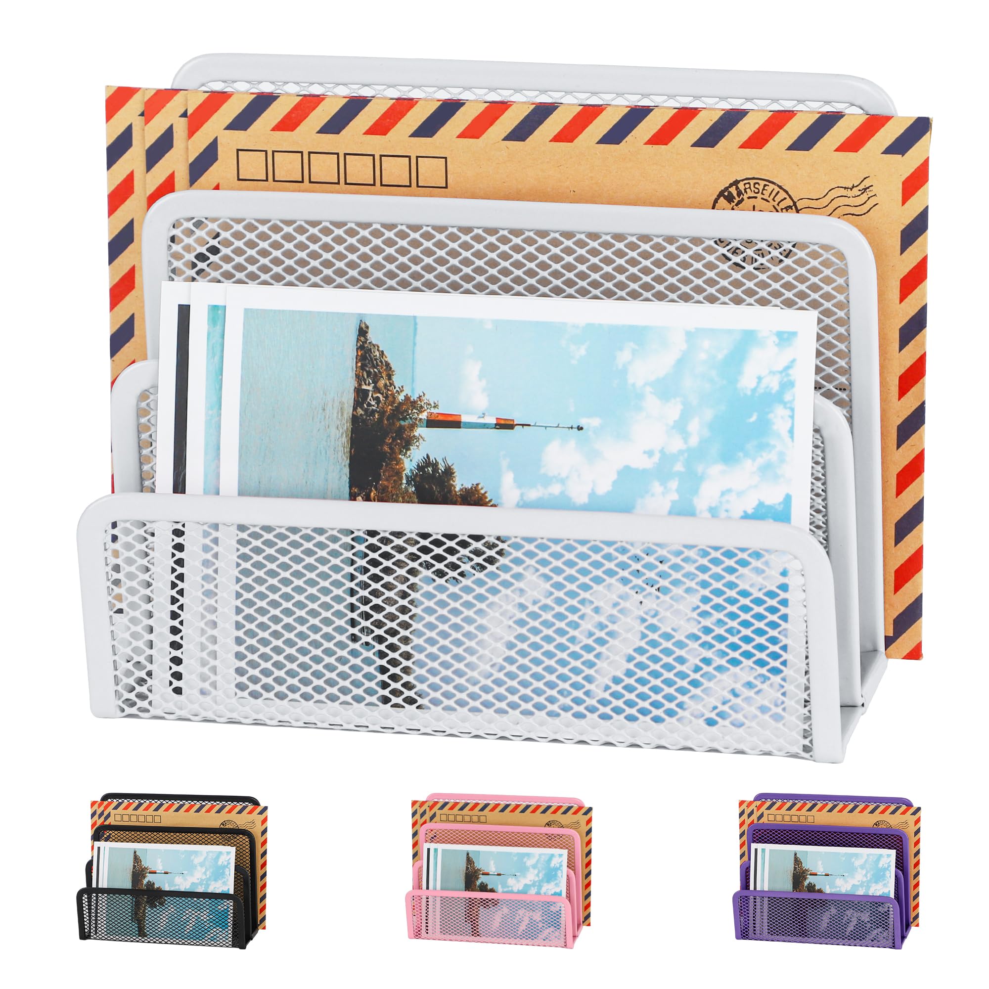 EASEPRES Desk Mail Organizer, Office Small Desktop Metal Mesh Envelope Letter Sorter Paper File Holder Organizer with 3 Vertical Upright Compartments,