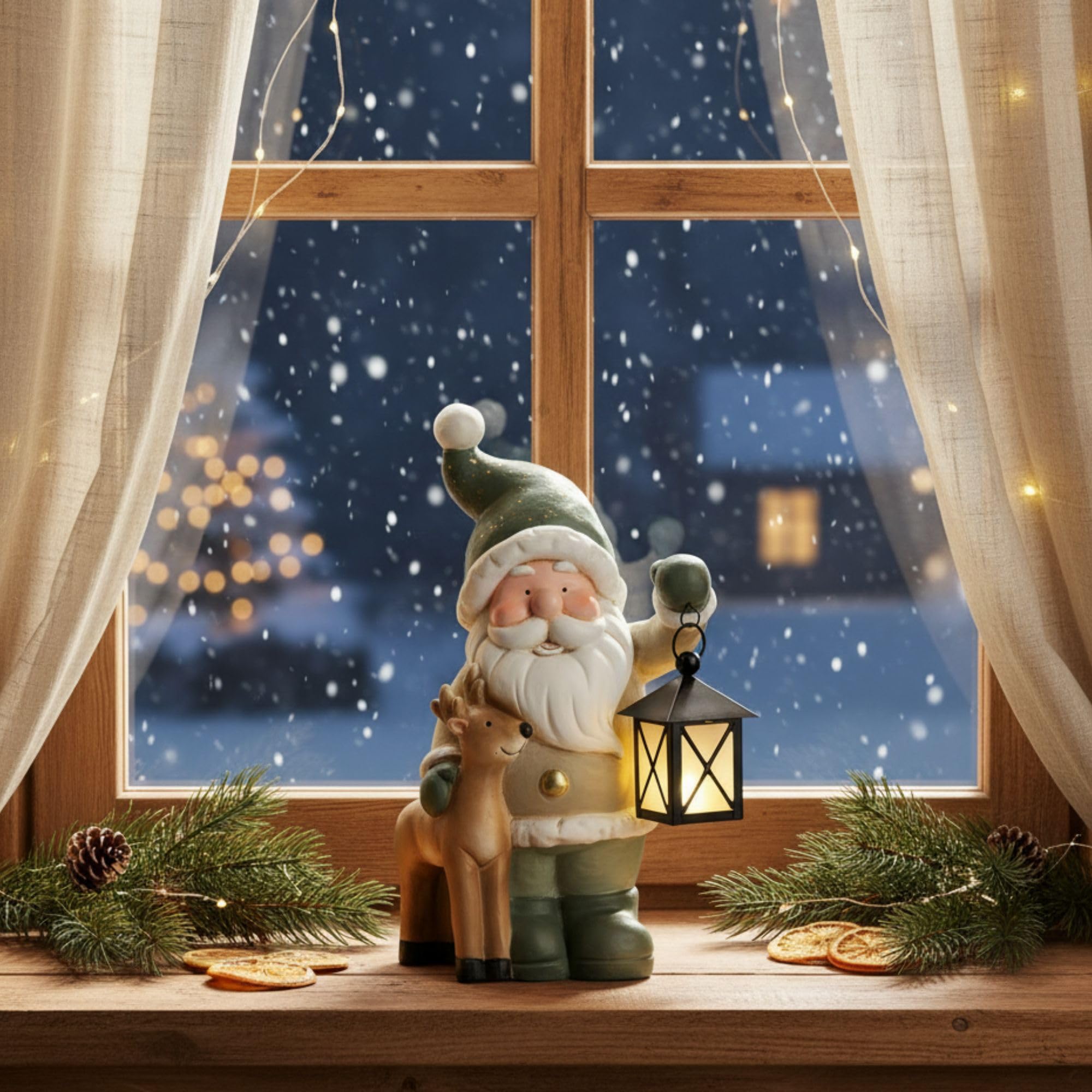 Weihnachtsdeko Figuren Groß 42cm Weihnachtsfiguren Beleuchtet Innen LED Figuren Weihnachten mit Timer Winterdeko Fensterbank Deko Figur mit Laterne Wohnzimmer Wichtel Elch Schneemann Santa Claus