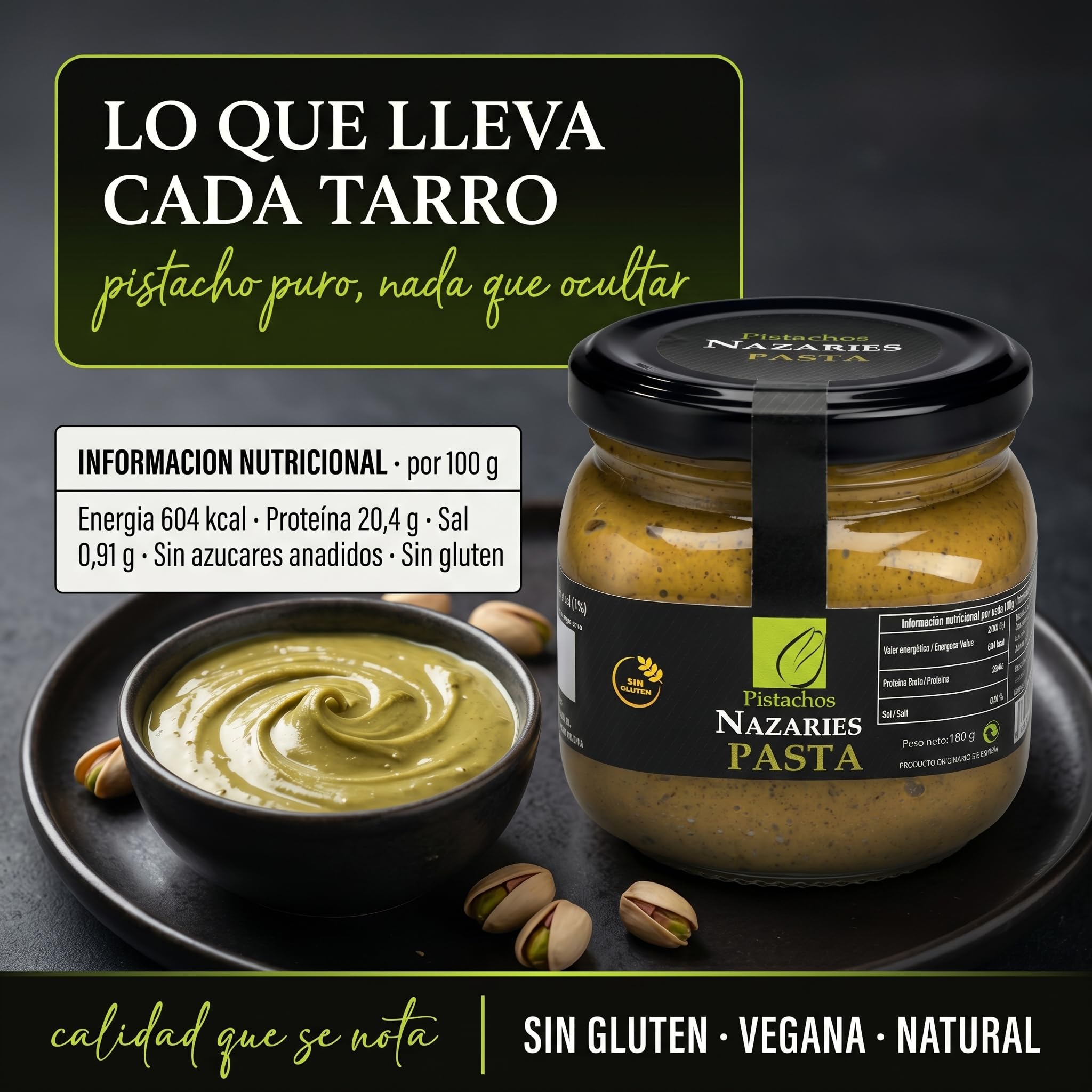PISTACHOS NAZARIES Pasta de Pistacho 100% Puro Natural 2x180 g Mantequilla Pistacho Para Reposteria Helados Postres y Salsas Sin Azucares ni Aditivos Cultivo Propio Andalucia Español Sin Gluten Vegano