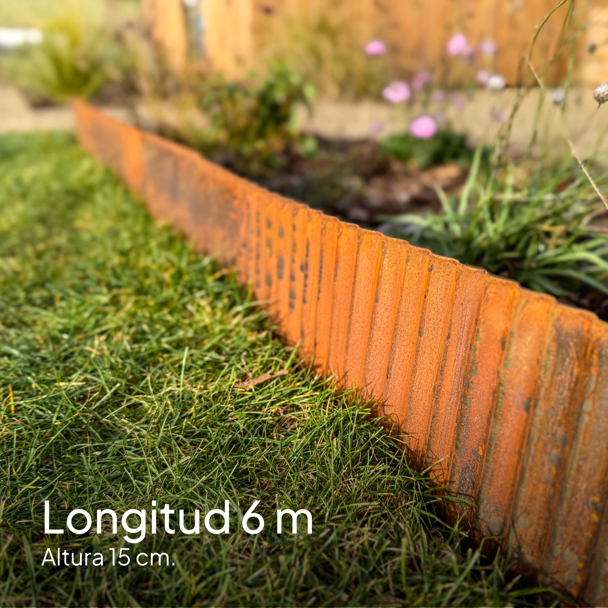UNIGARDIA Bordura Acero Corten de 6 m - Borduras Jardín Metálicas de 15 cm de Altura – Fácil de Instalar - Separador Jardín Exterior Ondulado con Pátina Natural de Óxido - Incluye 1 Par de Guantes