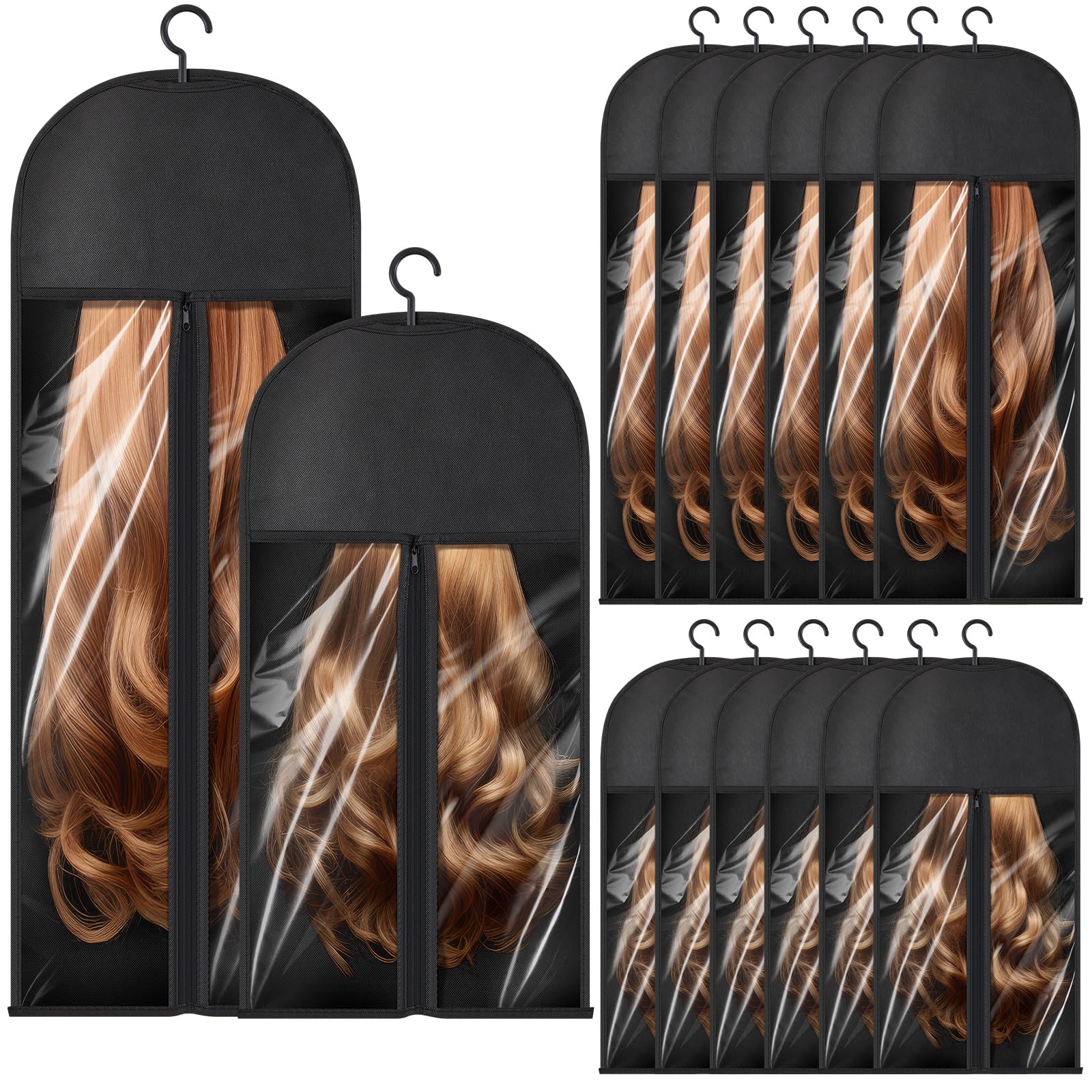 Wowangce 14 Pcs Extra Long Hair Extension Storage Bag with Hanger, Two Sizes Wig Storage for Multiple Wigs, Dust Proof Hanger for Home Travel Closet